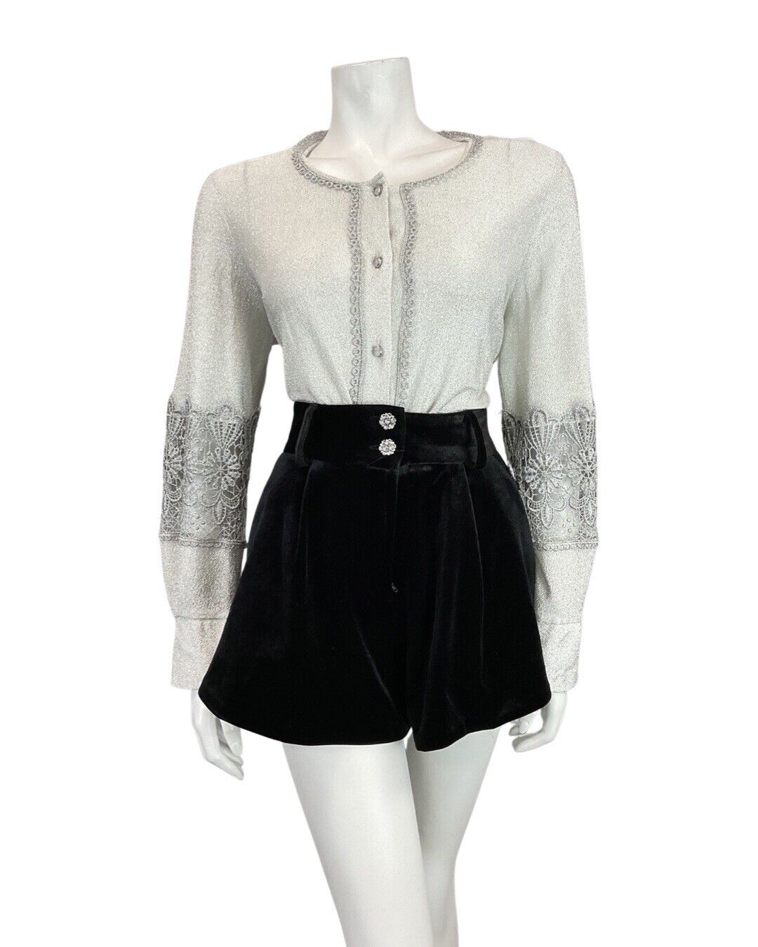 VTG 60s 70s METALLIC SILVER LUREX LACE DISCO PARTY STUDIO 54 JACKET BLOUSE 12 14