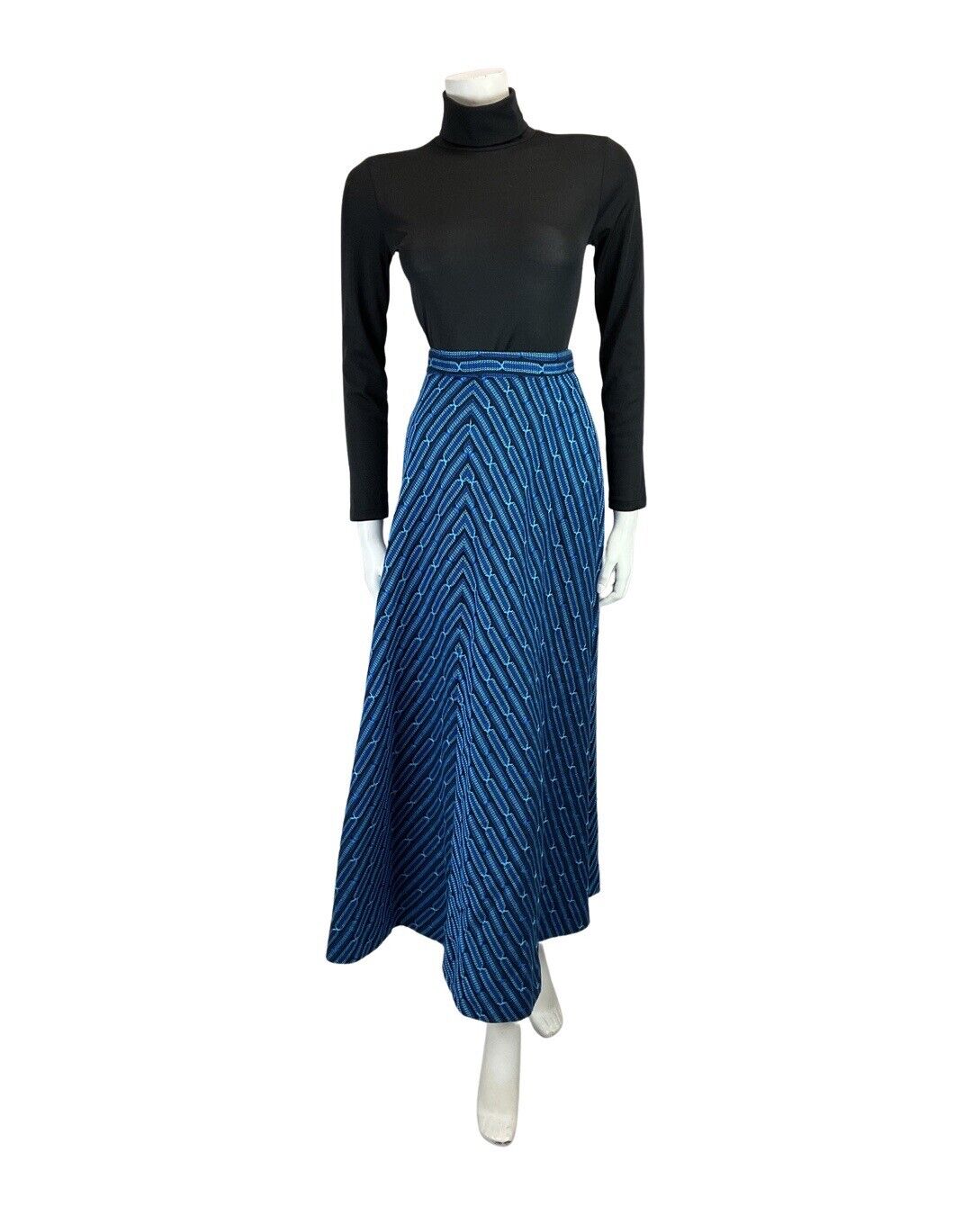 VINTAGE 60s 70s BLUE BLACK WOVEN GEOMETRIC STRIPED FLARED MAXI SKIRT 6