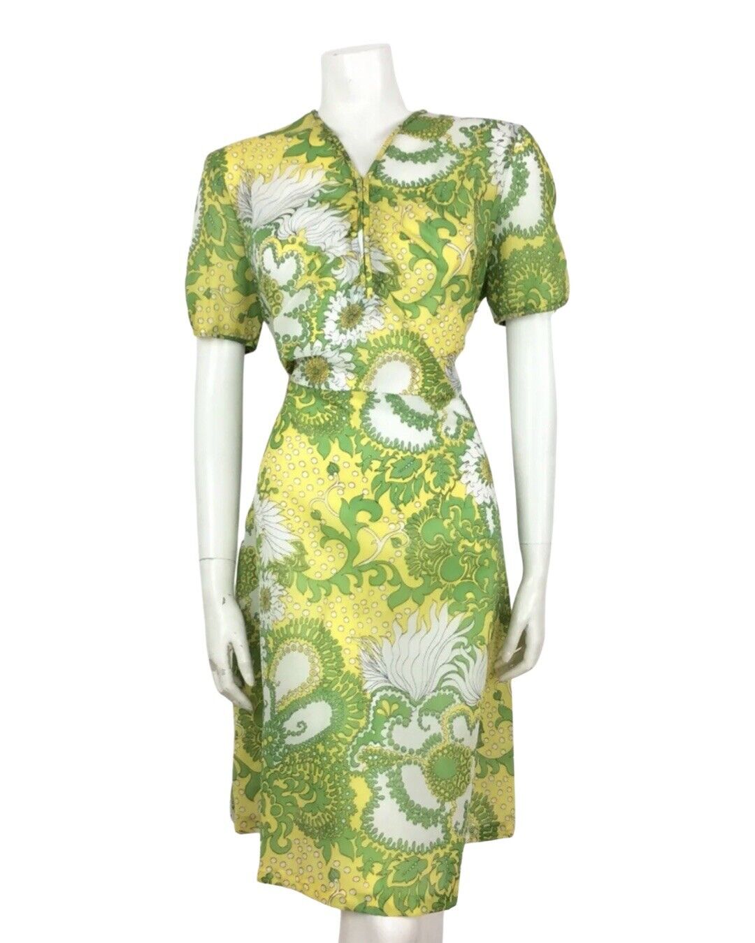 PSYCHEDELIC 70S VINTAGE YELLOW GREEN WHITE FLORAL DRESS 14