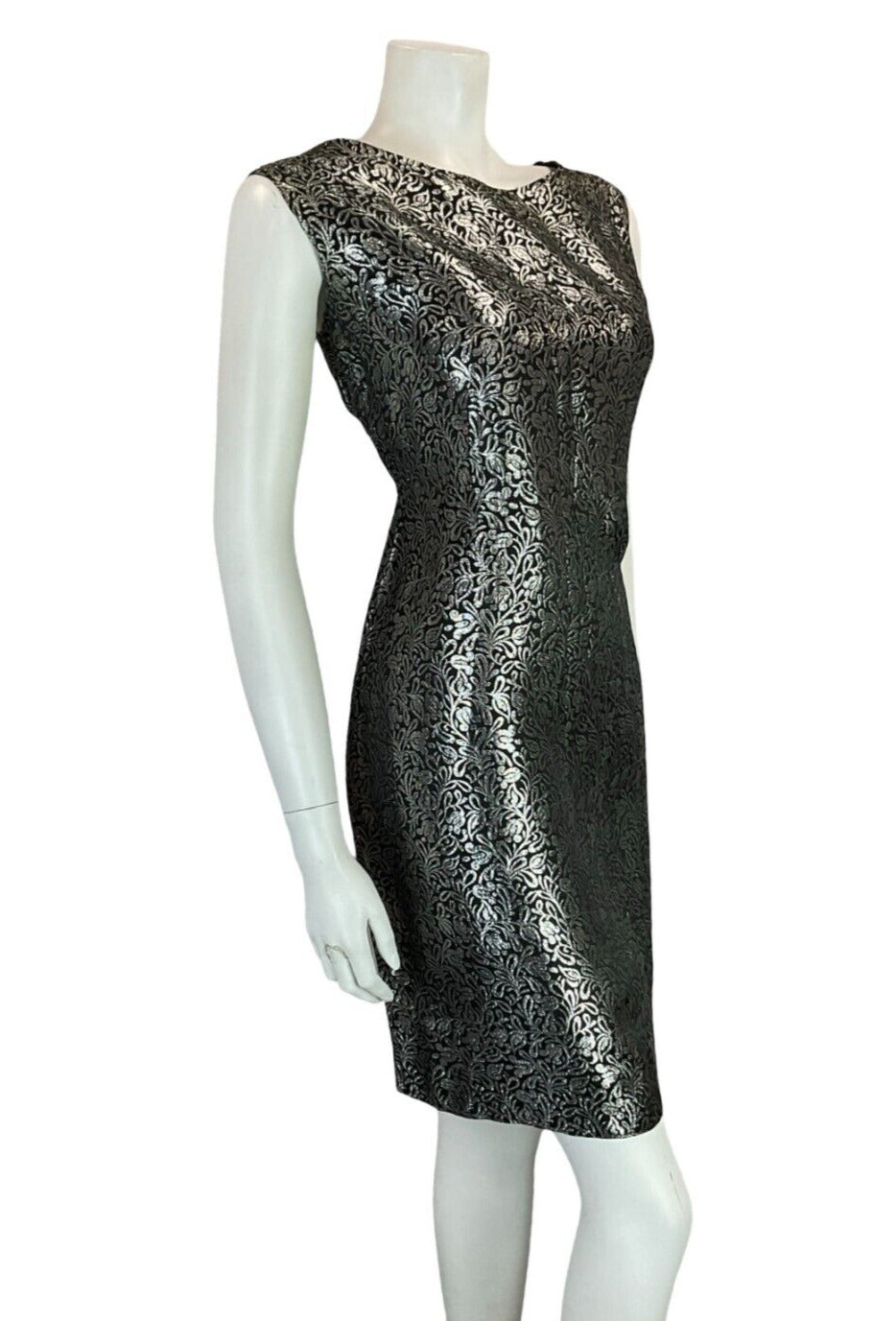 VTG 60S MOD BLACK SILVER FLORAL SHINY PARTY SLEEVELESS MINI DRESS SIZE 14 16