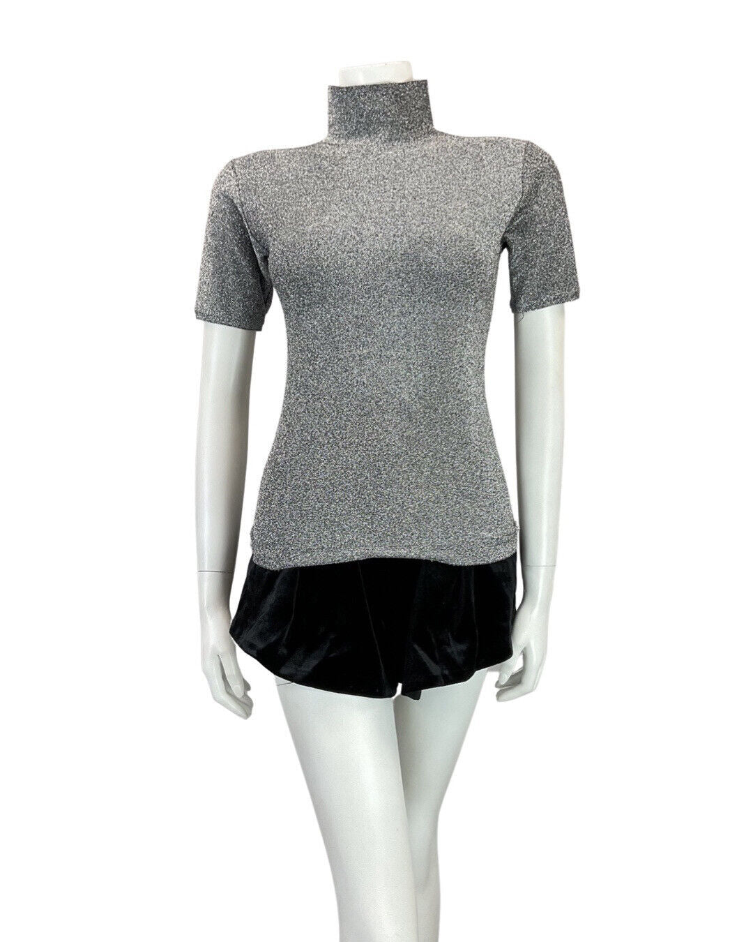 VINTAGE 70s SILVER GLITTER HIGH-NECK SHORT SLEEVE FITTED LUREX BLOUSE TOP 6 8