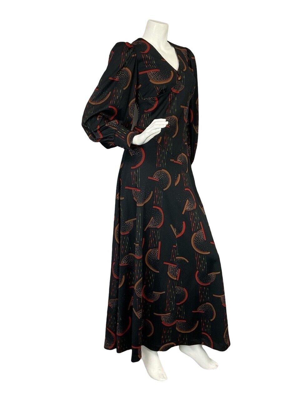 VTG 70S BLACK RED BROWN GEOMTRIC ROMNTIC BISHOP SLEEVE BASQUE WAIST MAXI DRESS 8