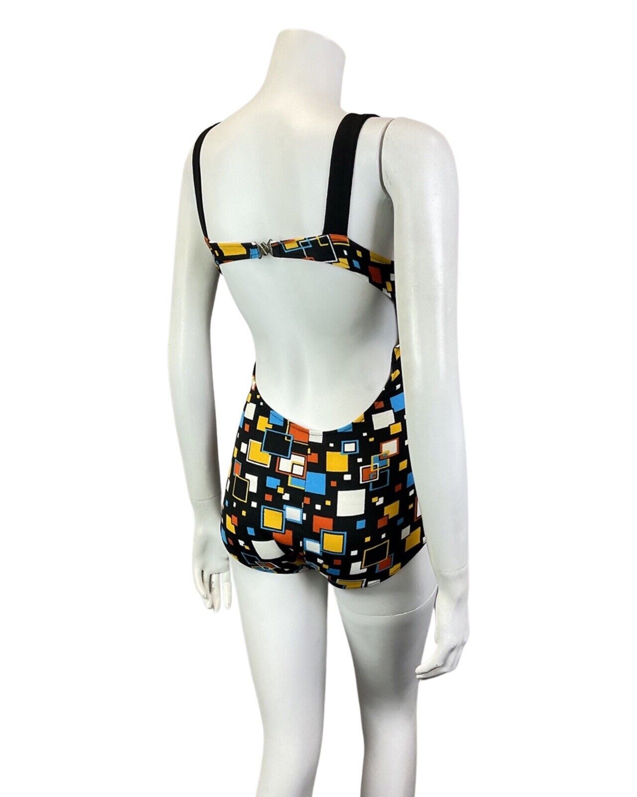 VINTAGE 60s 70s BLACK BLUE YELLOW GEOMETRIC SQUARE MOD SWIMSUIT BODYSUIT 10