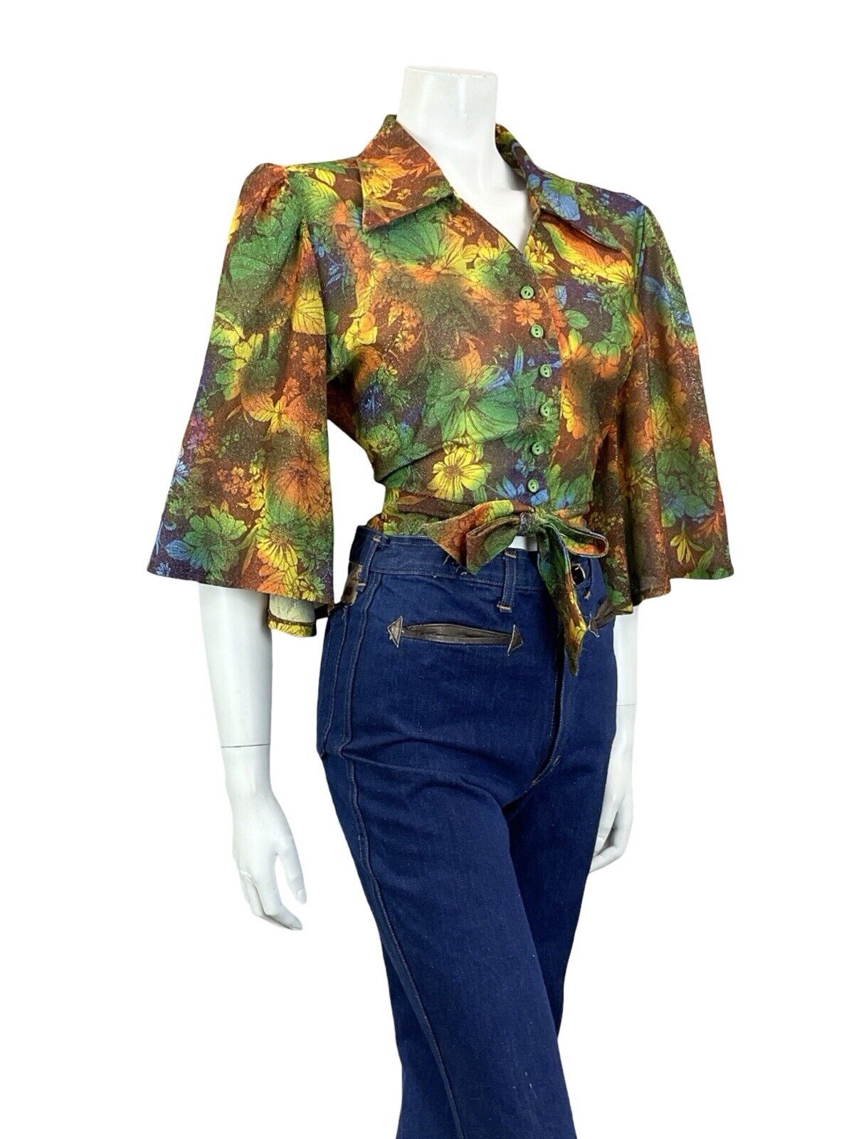 VTG 70S GREEN BROWN ORANGE FLORAL PSYCHDELIC CROPPED WRAP ANGEL SLEEVE TOP 14