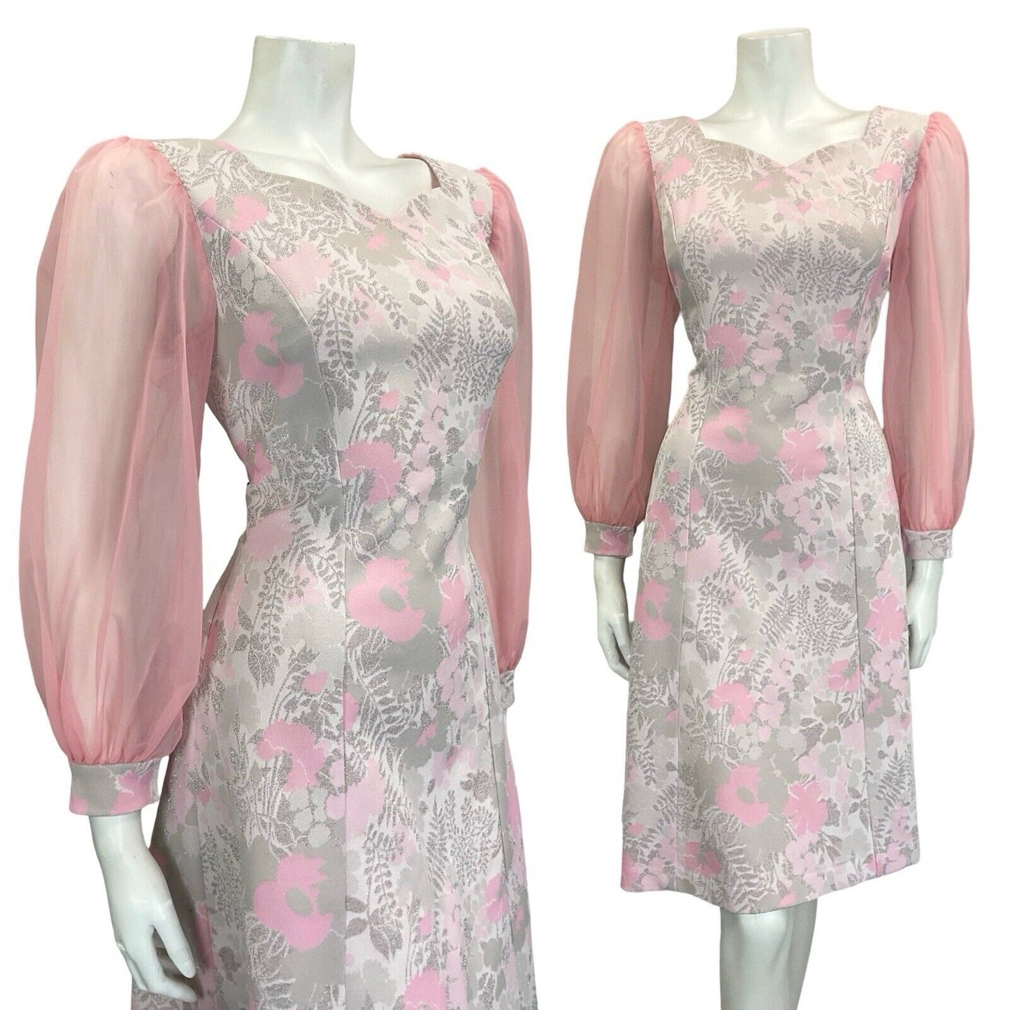 VTG 60S PINK GREY SILVER FLORAL SWEETHEART MESH SLEEVE PARTY MINI DRESS 12