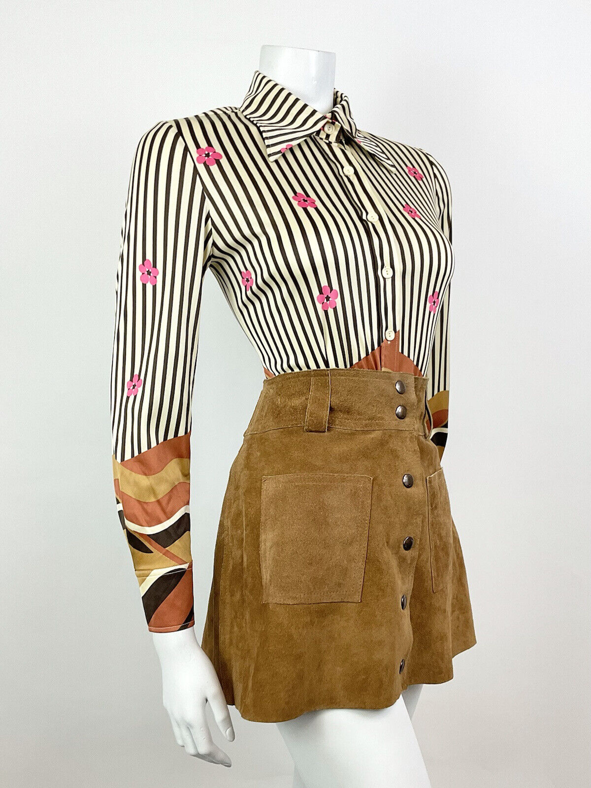VINTAGE 60s 70s CREAM BROWN PINK STRIPED FLORAL WAVY MOD BOHO DAGGER SHIRT 8 10