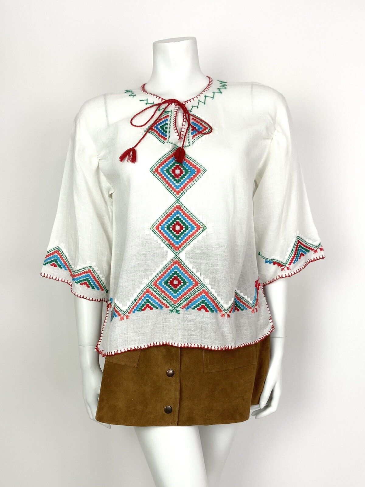 VTG 70s WHITE RED BLUE GREEN AZTEC GEOMETRIC EMBROIDERED BOHO ETHNIC TOP 10 12