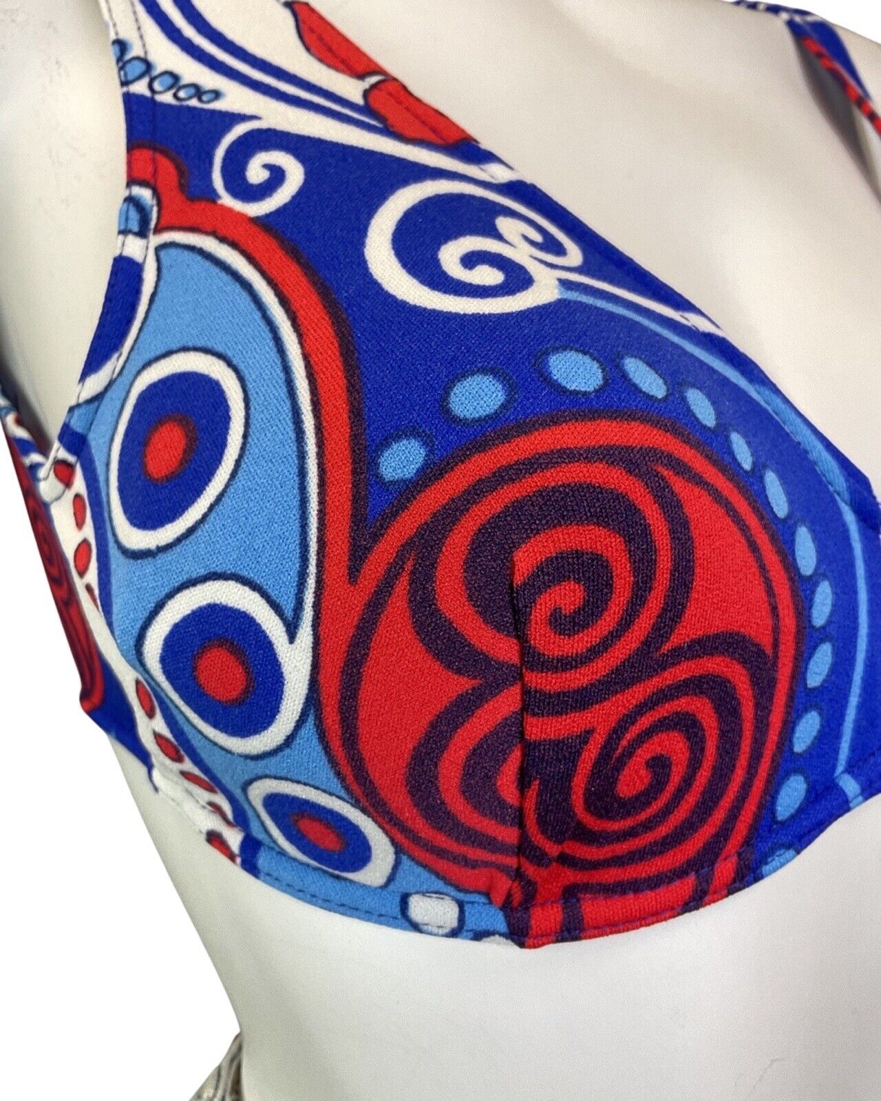 VINTAGE 60s BLUE RED WHITE PSYCHEDELIC SWIRL BIKINI SWIM SET BRALETTE SHORTS 4 6