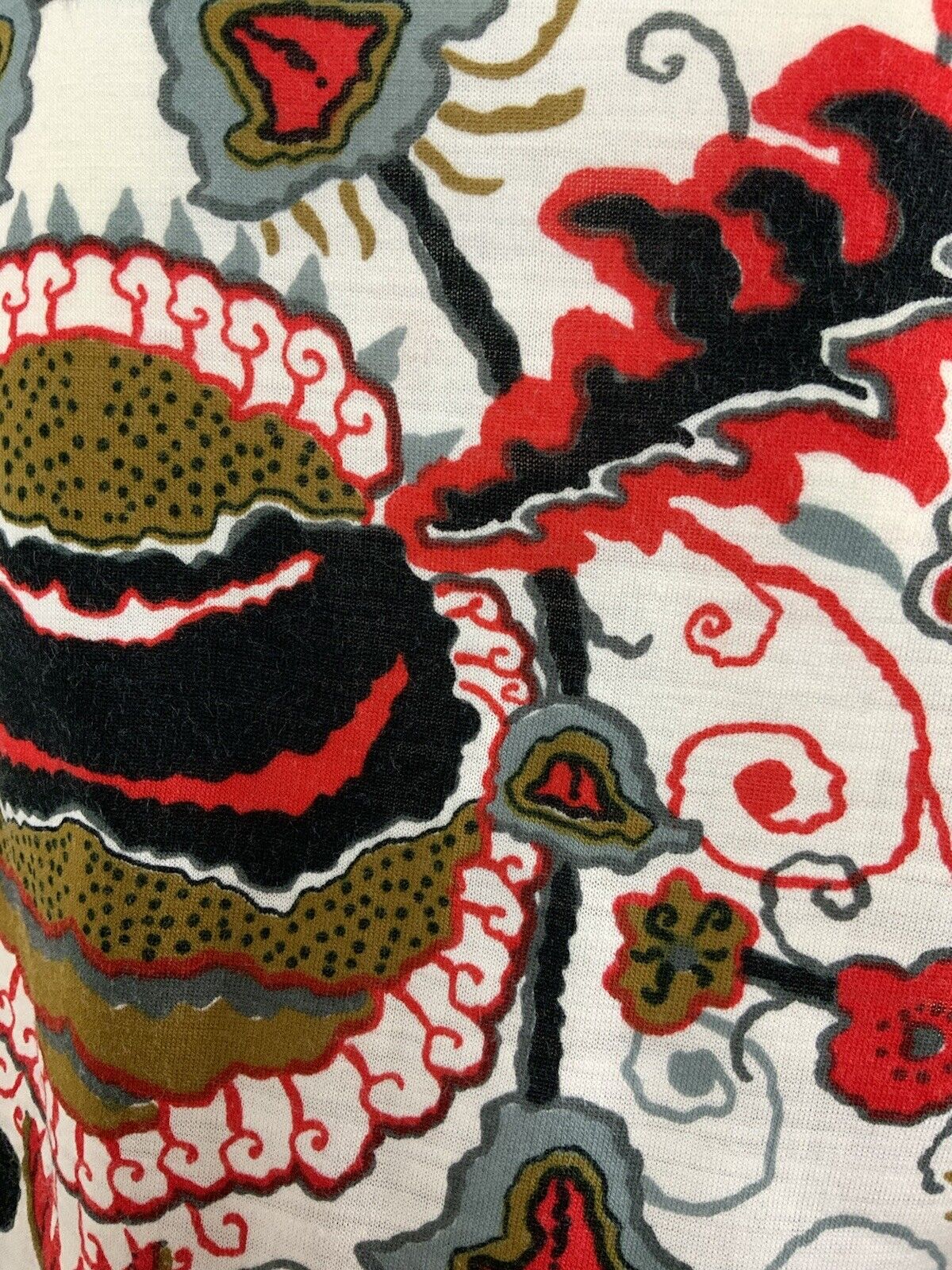 VINTAGE 60s 70s WHITE GOLD RED BLACK PSYCHEDELIC FLORAL DOG-EAR COLLAR BLOUSE 12
