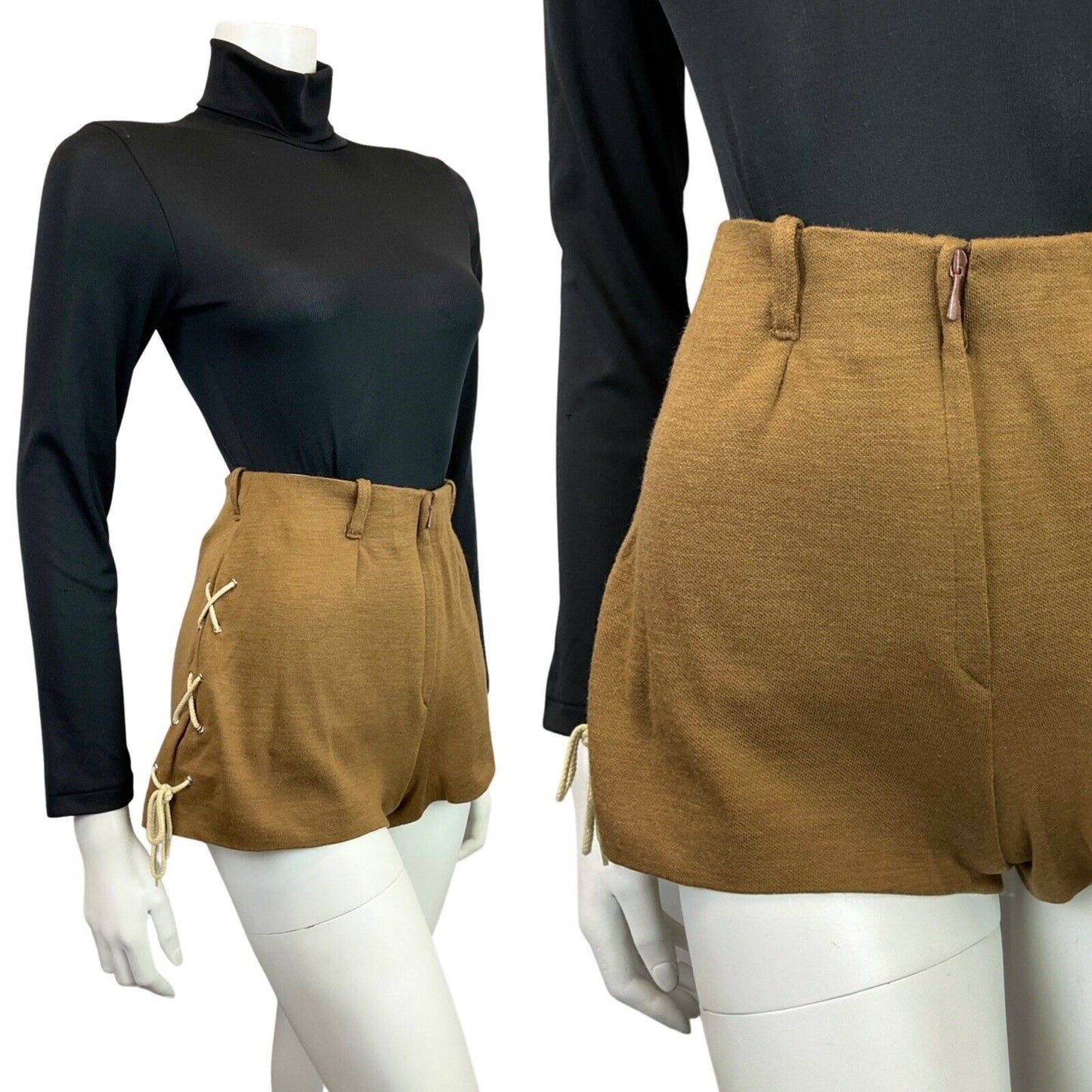 VINTAGE 60s 70s BROWN CREAM LACE-UP HOT PANTS GOGO MOD SHORTS 6 8