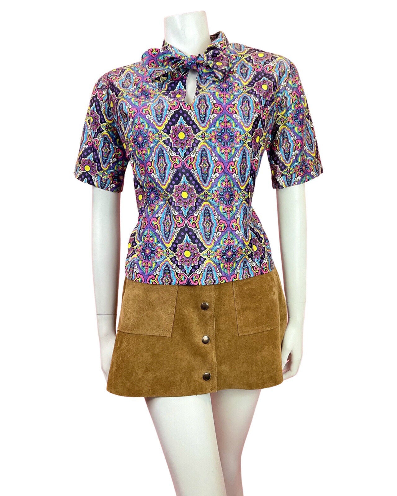 VTG 60s 70s PURPLE BLUE YELLOW PINK PSYCHEDELIC FLORAL PUSSYBOW BLOUSE TOP 16 18