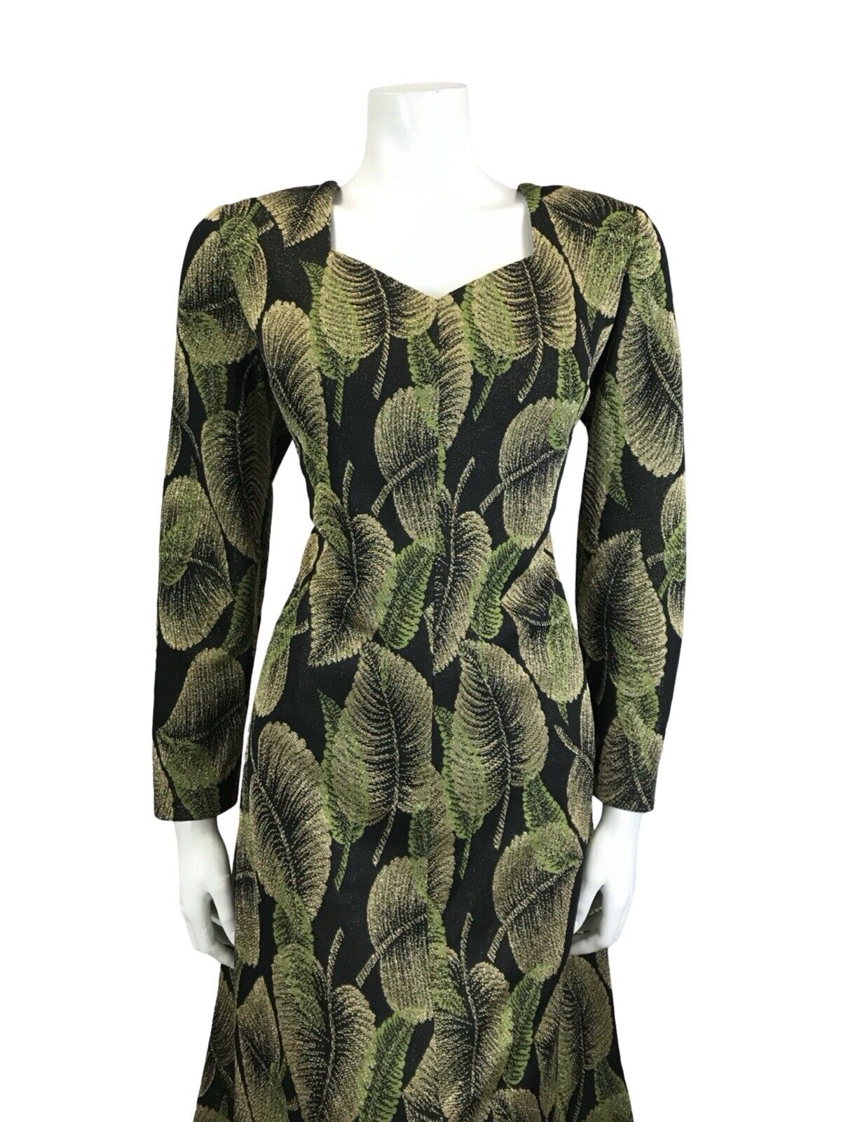 VTG 60S 70S BLACK GREEN GOLD LEAF LUREX SWEETHEART PARTY MIDI DRESS 1214 M