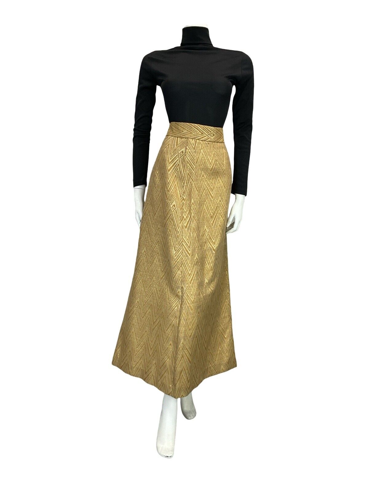 VTG 60S 70S ZIG ZAG GEOMETRIC CREAM GOLD PARTY SLIT MAXI SKIRT SIZE 14 16