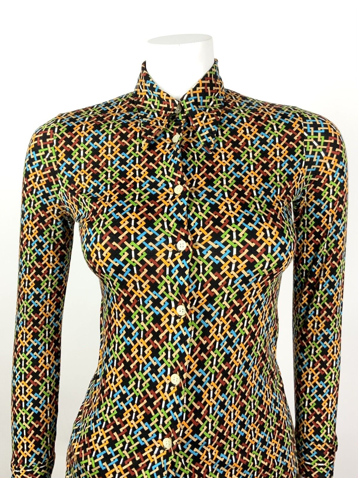 VTG 60s 70s BLACK ORANGE BLUE GREEN GEOMETRIC TRELLIS DAGGER SHIRT BLOUSE 4 6