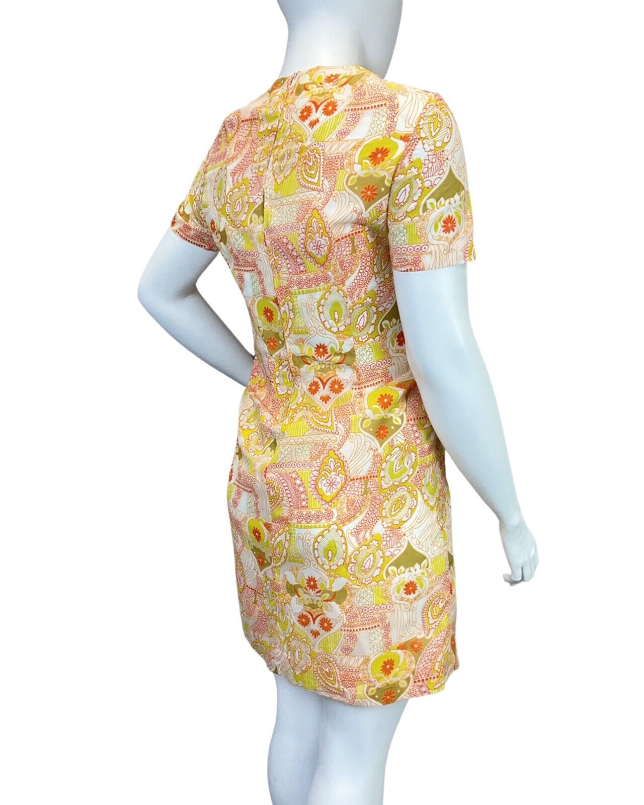 VINTAGE 60s 70s YELLOW RED WHITE PSYCHEDELIC PAISLEY FLORAL MOD DRESS 16 18
