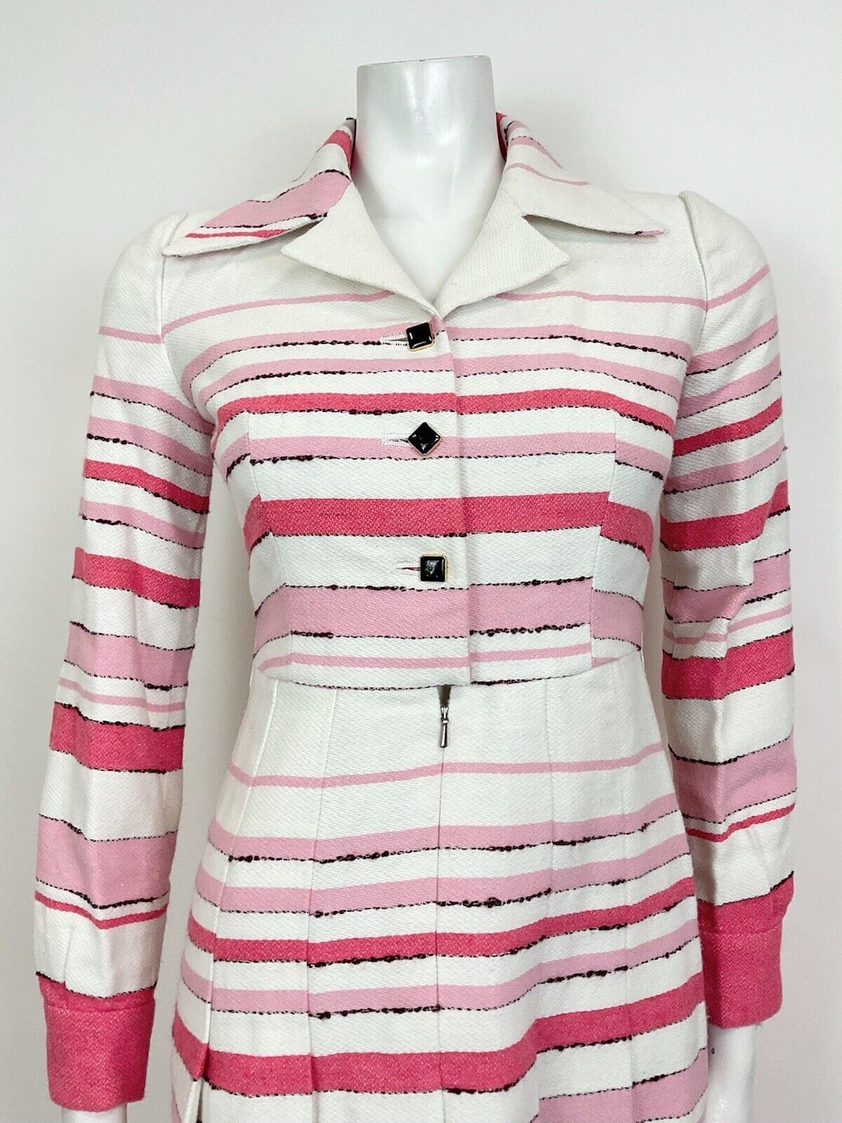 VINTAGE 60s 70s WHITE PINK ROSE STRIPED PLEATED MOD DAGGER SHIRT DRESS 8 10
