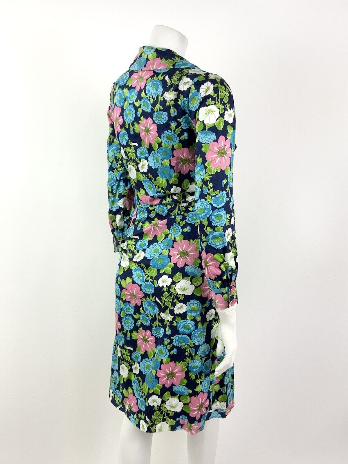 VINTAGE 60s 70s BLUE GREEN PINK WHITE FLORAL DAGGER COLLAR SHIRT DRESS 10 12