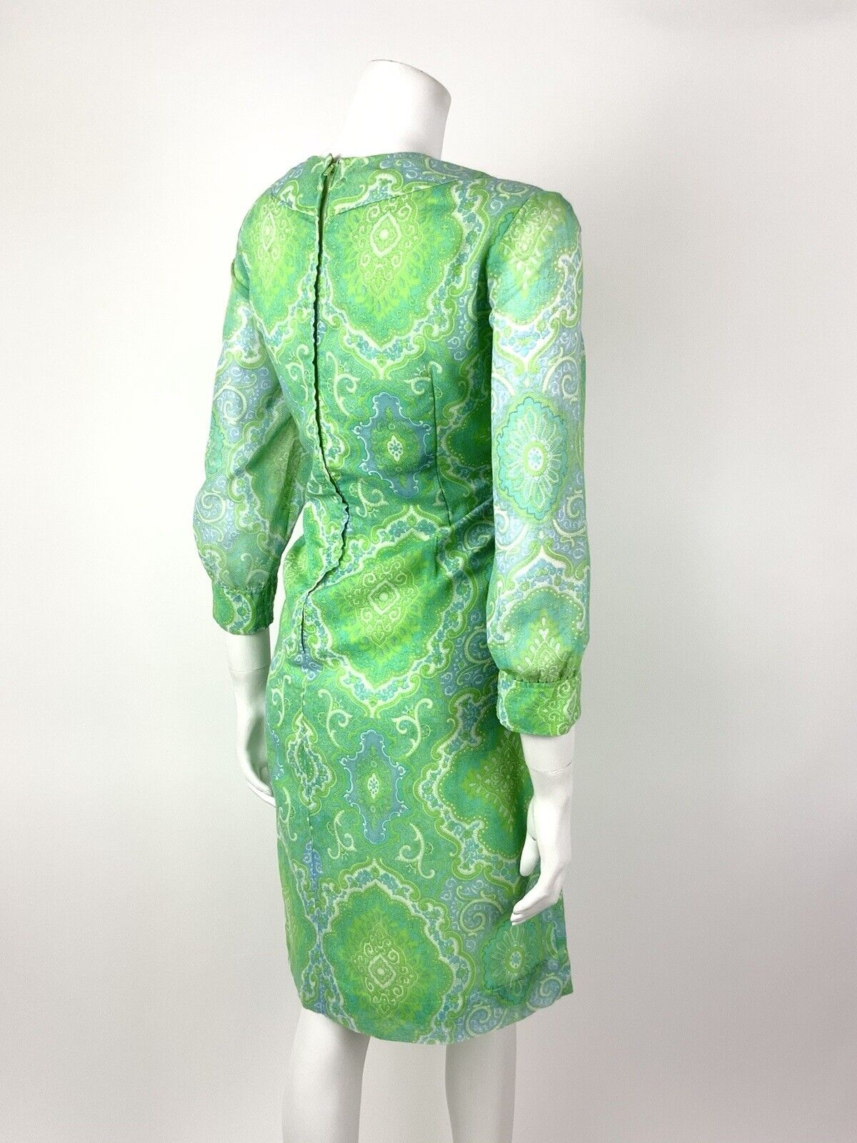 VTG 60s 70s GREEN BLUE WHITE FLORAL PSYCHEDELIC DAMASK BAROQUE MOD DRESS 12 14