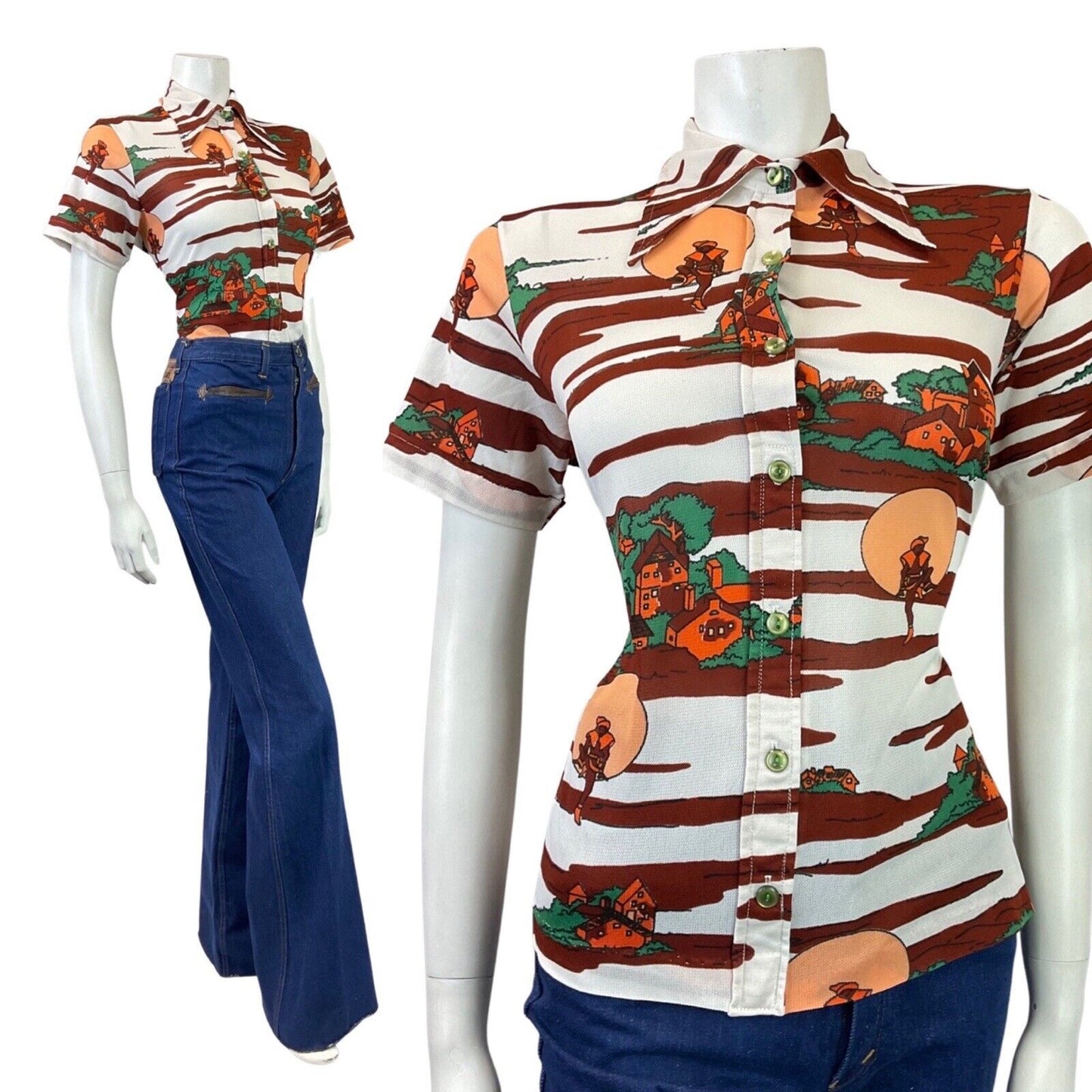 VINTAGE 60s 70s WHITE BROWN GREEN VILLAGE TREE DANCER FOLK DAGGER SHIRT 16 18