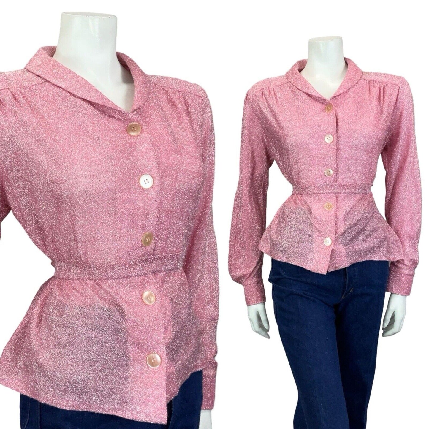VTG 60S 70S SAILOR COLLAR PINK LUREX BUTTON DOWN TIE WAIST PARTY SHIRT 12 14 M