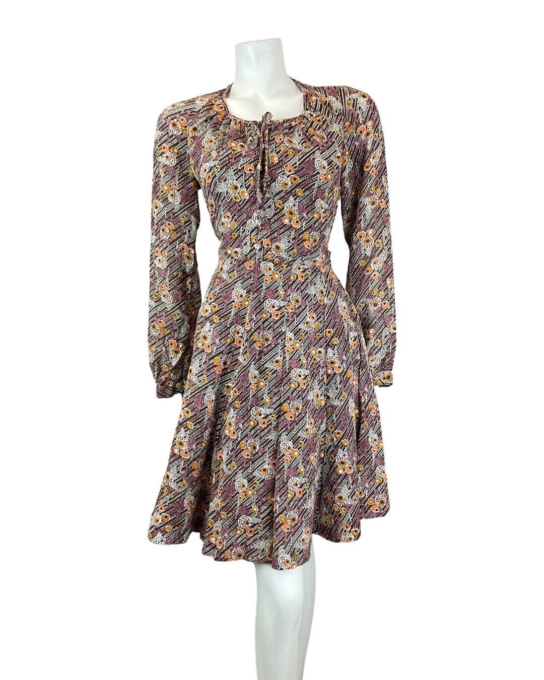 VINTAGE 60s 70s BROWN PURPLE WHITE DOTTY PSYCHEDELIC MOD SWING DRESS 10
