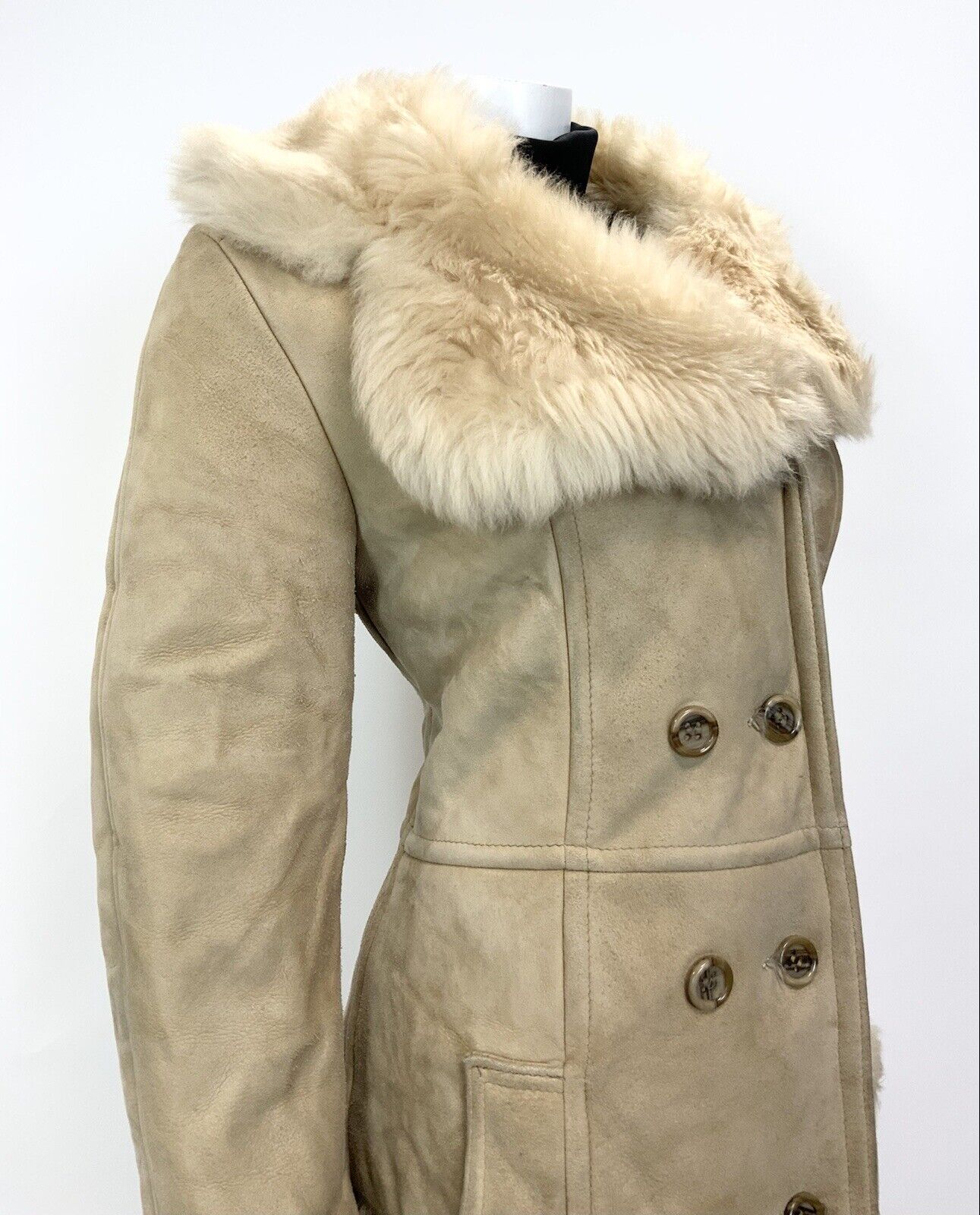 VINTAGE 60s 70s SAND BEIGE DOUBLE-BREASTED BOHO MOD SHEARLING PRINCESS COAT 14