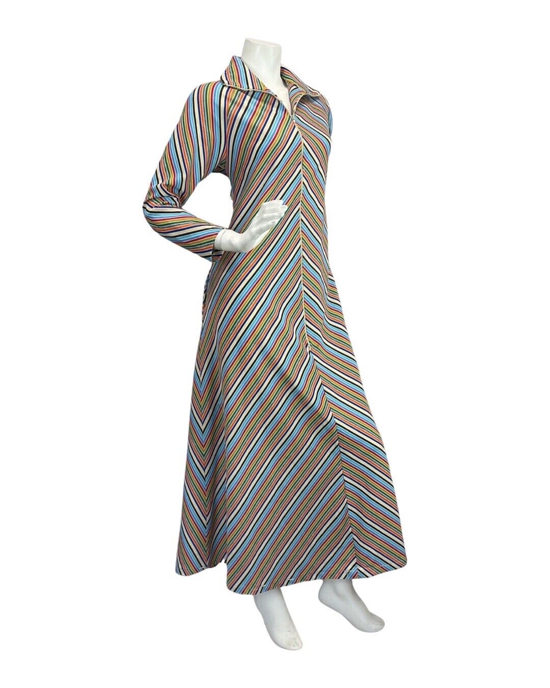 VINTAGE 70s BLUE WHITE RED GREEN STRIPED MOD ZIP-UP SHIRT MAXI DRESS 12 14