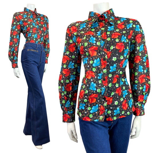 VINTAGE 60s 70s BLACK RED BLUE FLORAL MOD DAGGER COLLAR SHIRT 16 18