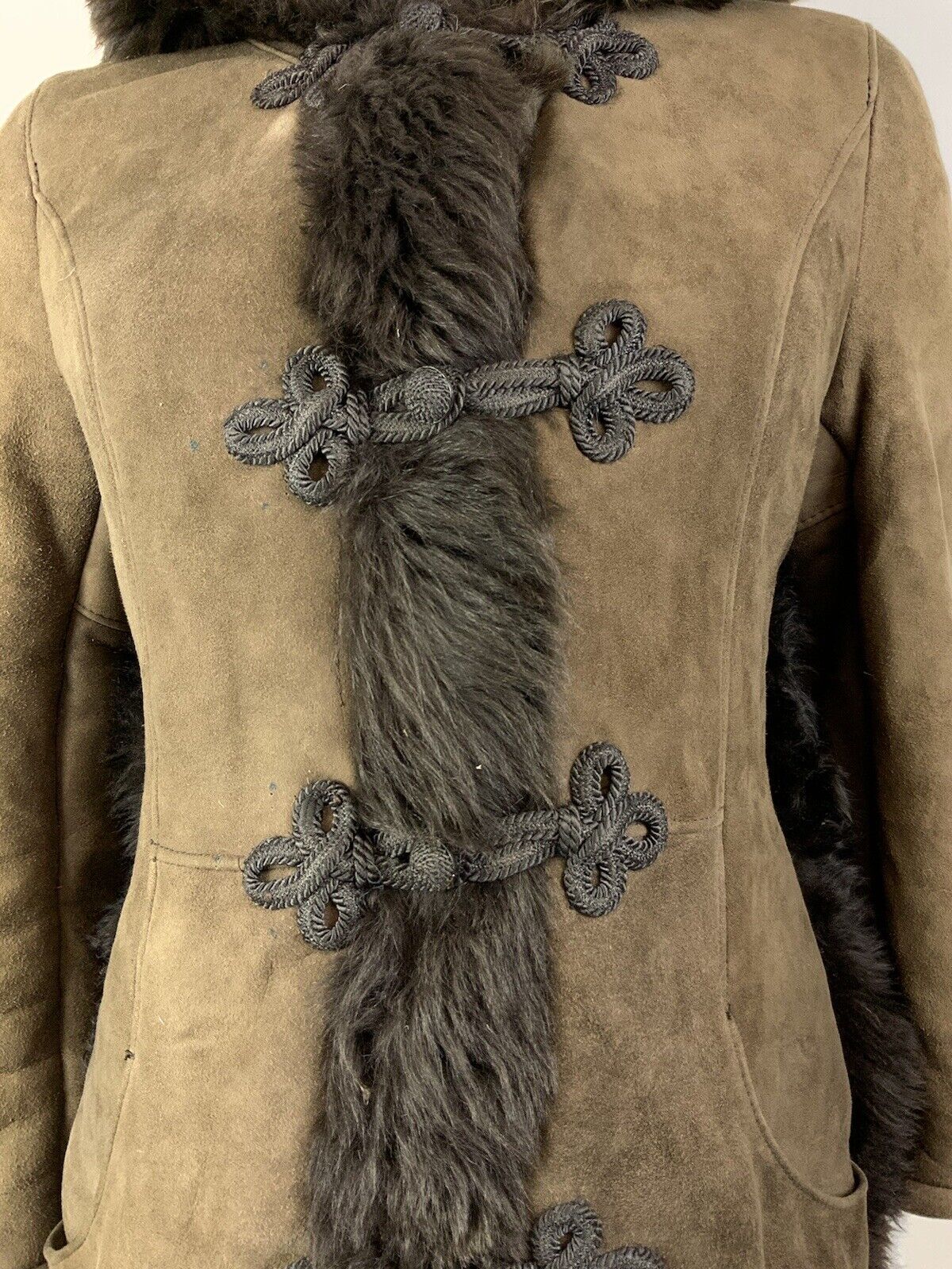 VINTAGE 60s 70s DARK BROWN SUEDE SHEARLING BROCADE HOODED BOHO MOD COAT 14 16