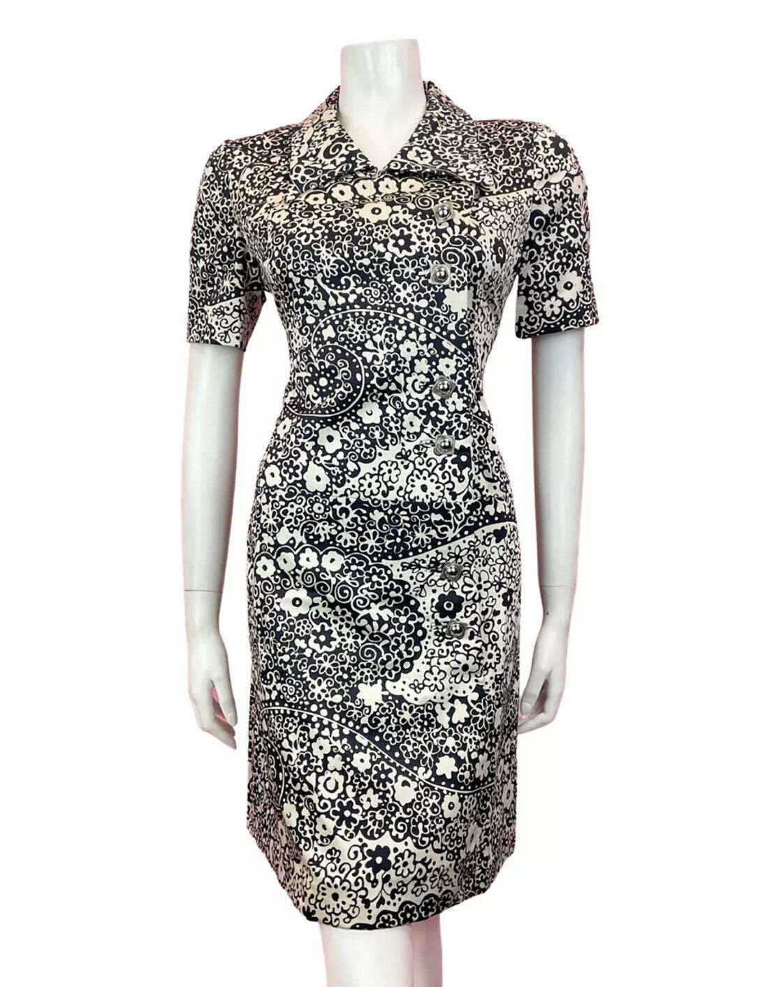 VINTAGE 60s 70s BLACK WHITE SILVER PSYCHEDELIC FLORAL MOD SHIRT DRESS 10 12