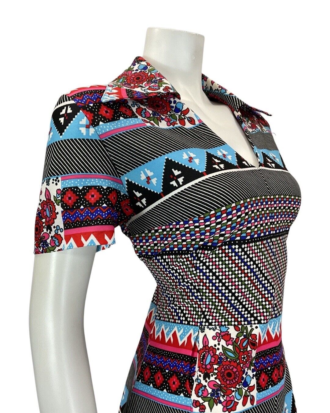VINTAGE 60s 70s BLACK RED BLUE POLKA-DOT GEOMETRIC MOD DAGGER SHIRT DRESS 12 14
