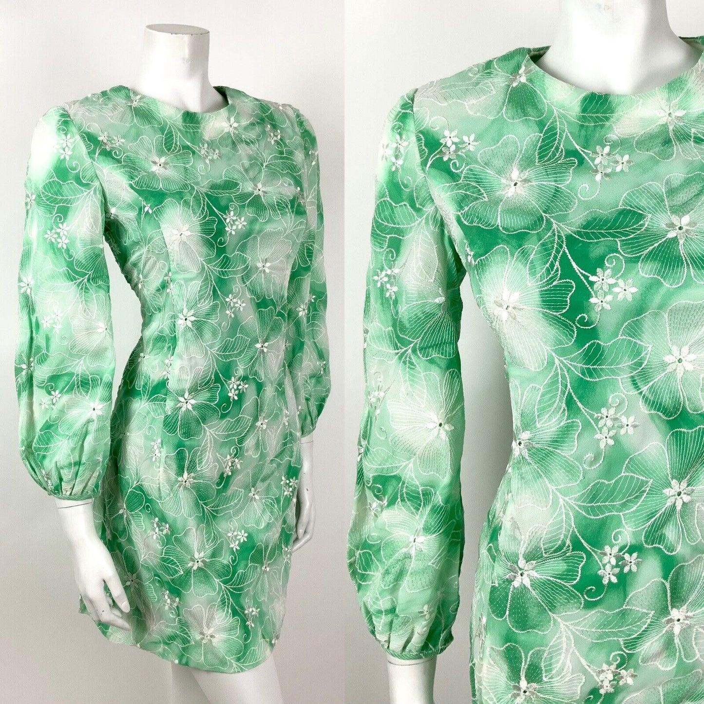 VINTAGE 60s 70s GREEN APPLE WHITE TIE-DYE FLORAL EMBROIDERED MOD DRESS 10