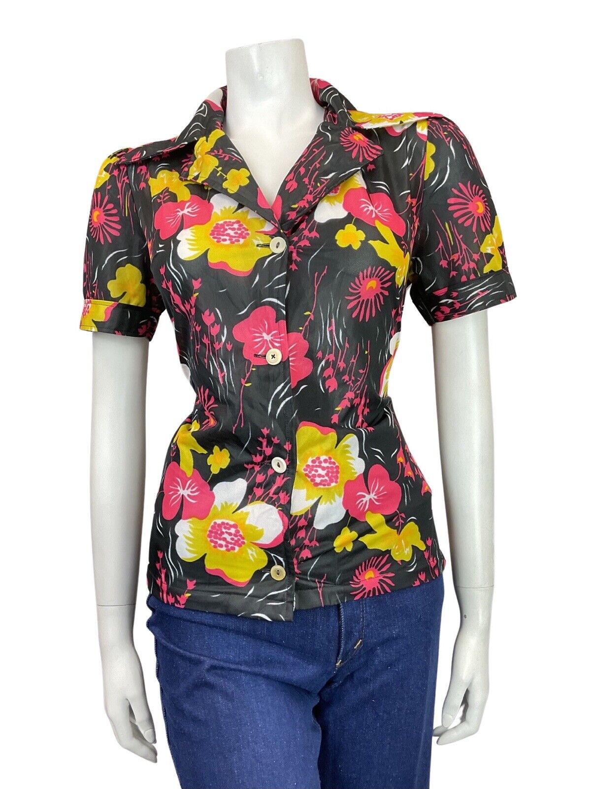 VINTAGE 60s 70s BLACK PINK YELLOW FLORAL MOD SHORT SLEEVE DAGGER SHIRT 10 12