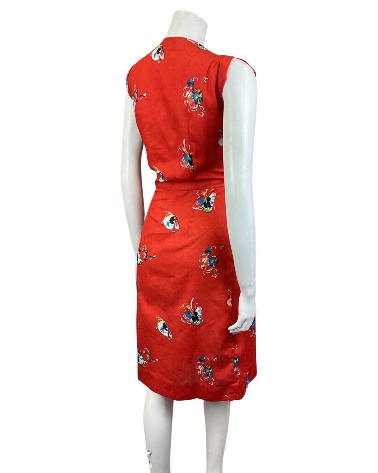 VINTAGE 60s 70s PILLARBOX RED BLUE FLORAL ABSTRACT SLEEVELESS SHIRT DRESS 12 14