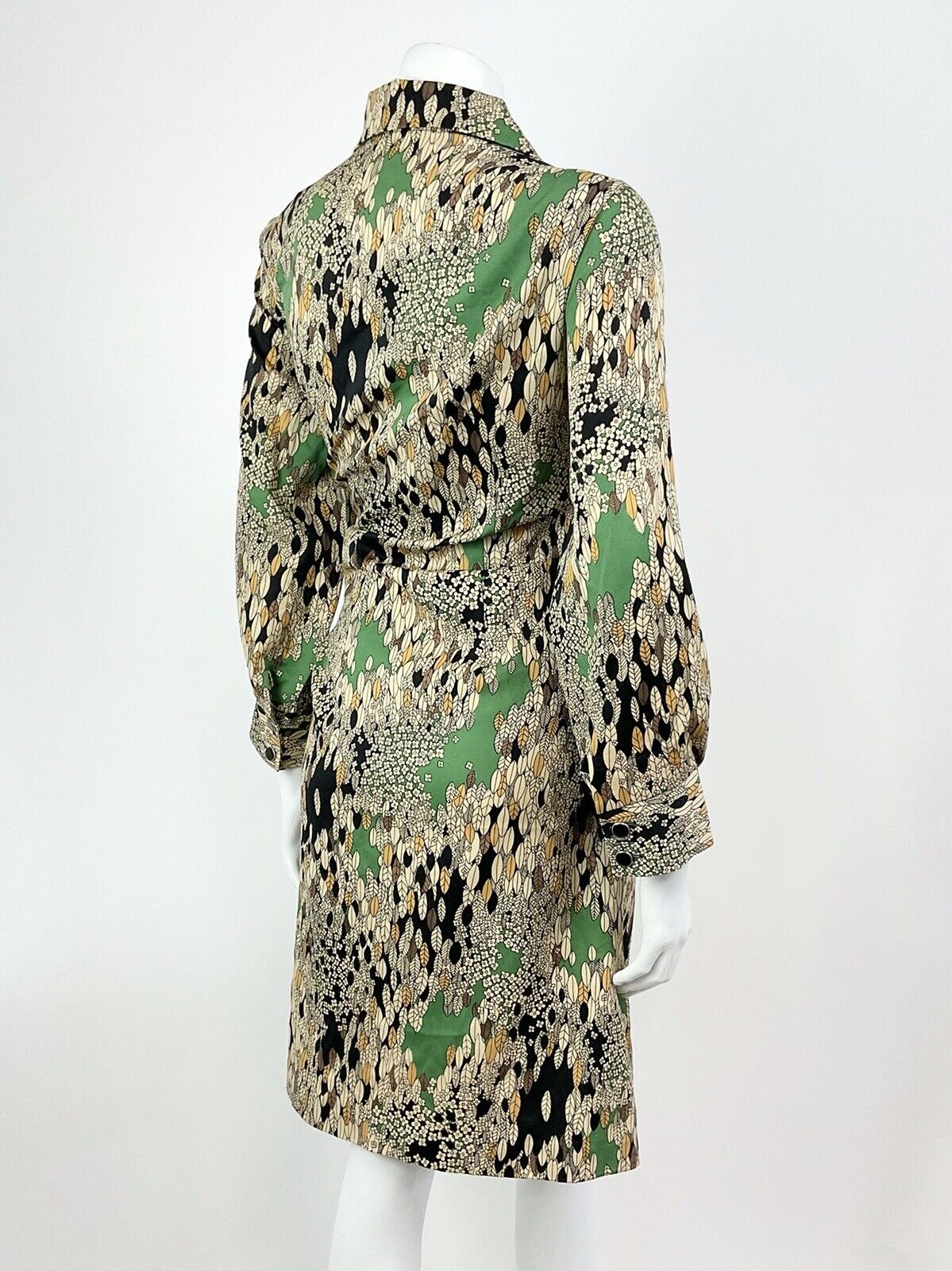 VTG 60s 70s CREAM GREEN BLACK FLORAL LEAFY PSYCHEDELIC DAGGER SHIRT DRESS 16 18