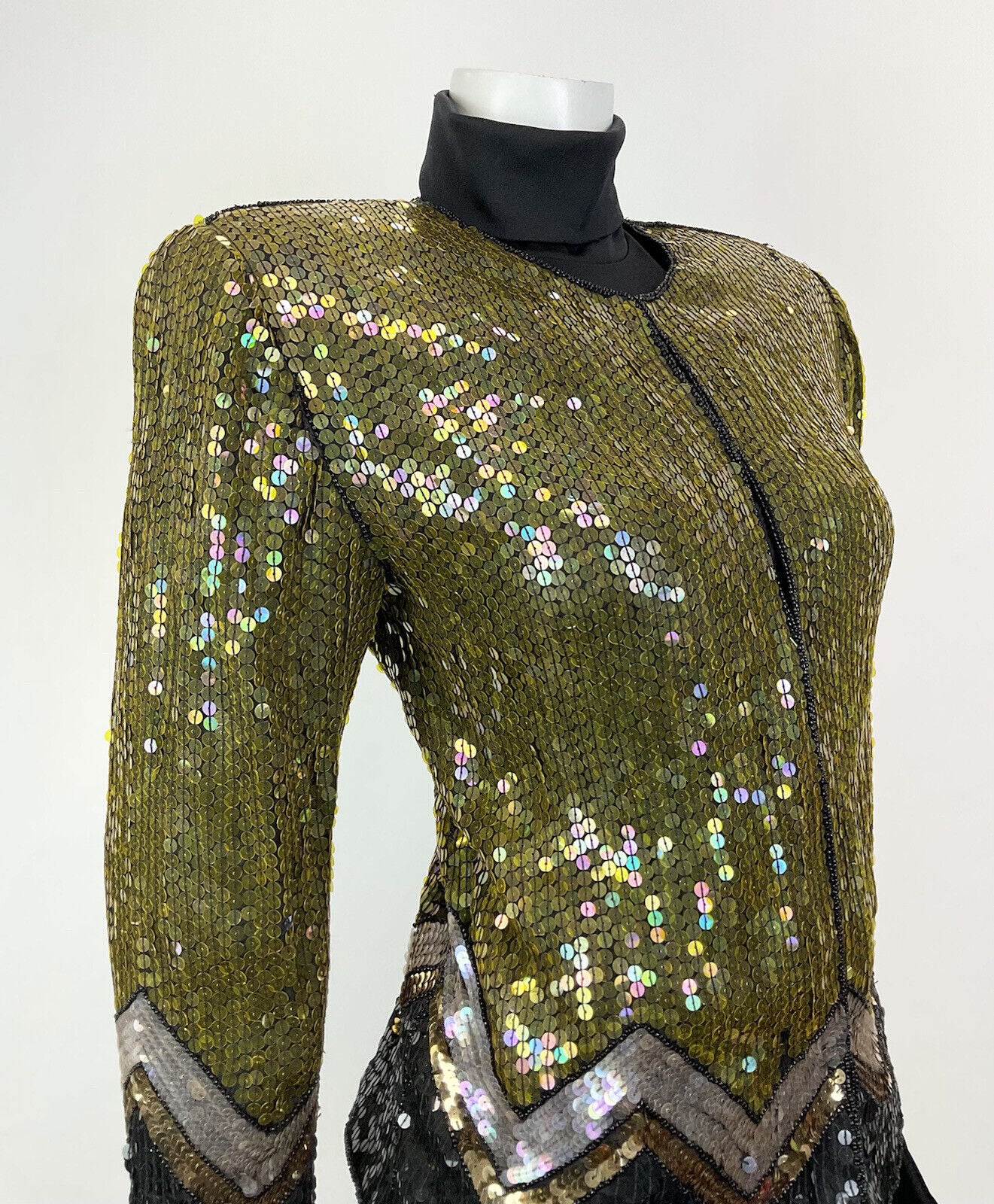 VINTAGE 70s 80s GOLD BLACK SILVER SEQUIN ZIG-ZAG DISCO PARTY TROPHY JACKET 8 10