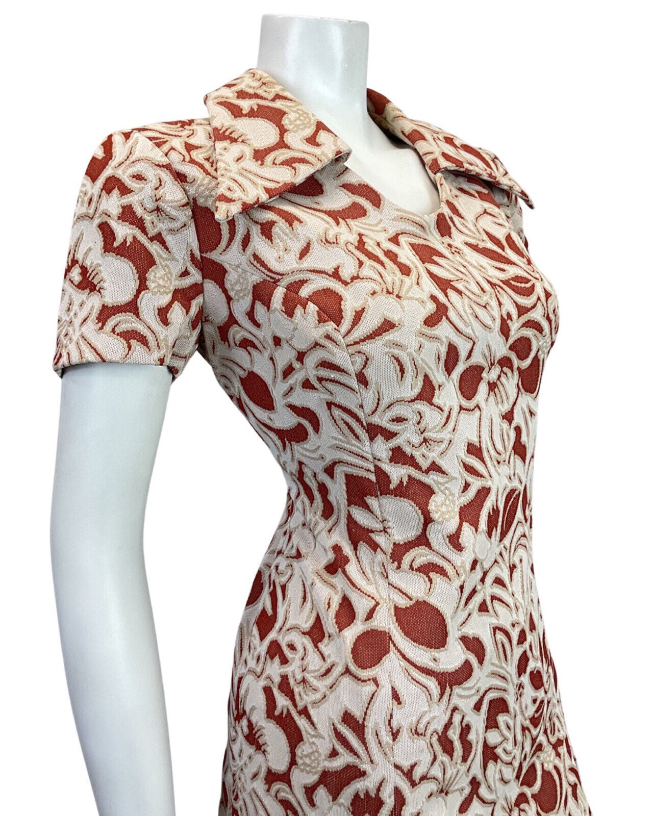 VINTAGE 60s 70s CREAM WHITE RED FLORAL PSYCHEDELIC MOD DAGGER COLLAR DRESS 14
