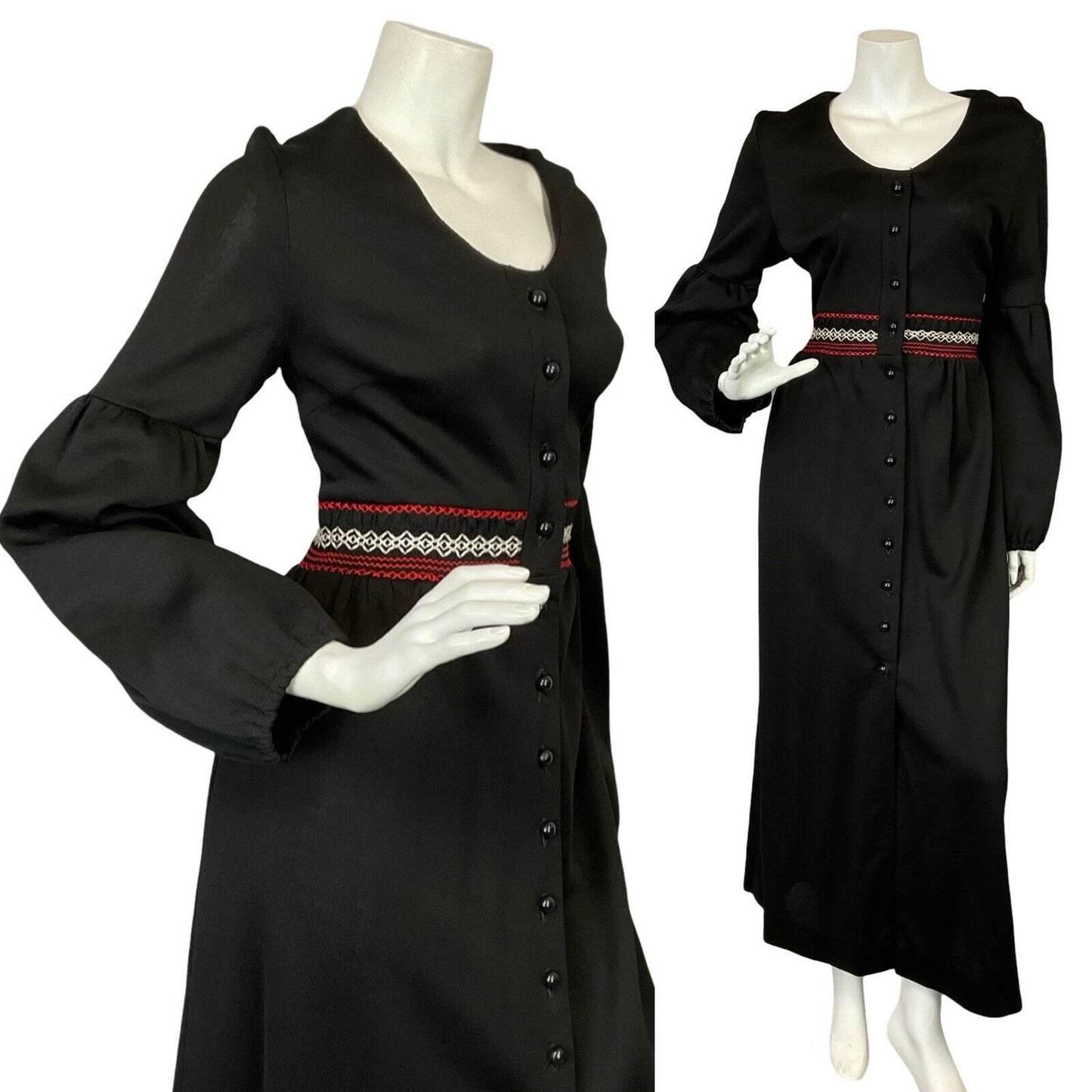 VTG 70S BLACK WHITE RED RUCHING JULIET SLEEVE BOHO HIPPY BUTTON UP MAXI DRESS 10