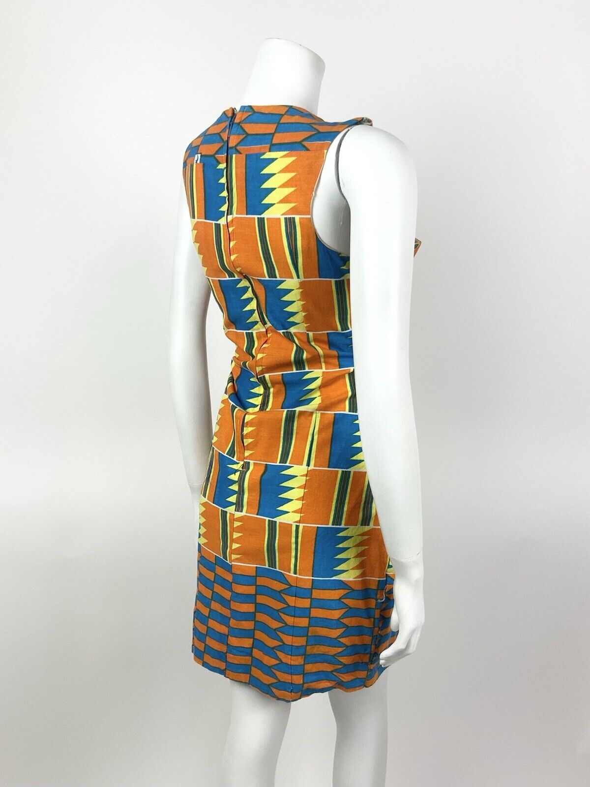 VINTAGE 60s 70s ORANGE YELLOW BLUE GEOMETRIC AZTEC SLEEVELESS SUMMER DRESS 10