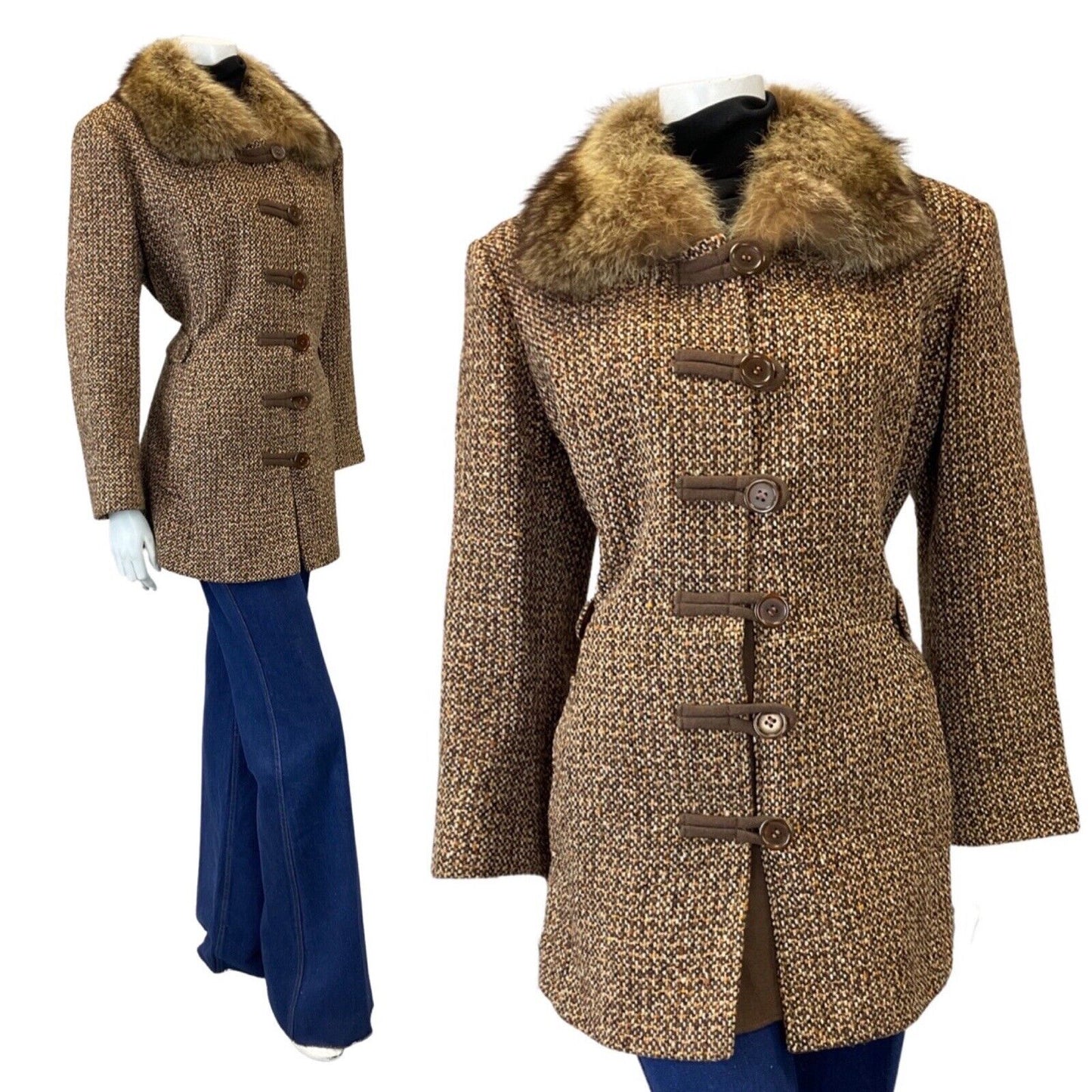 VINTAGE 60s 70s BROWN CREAM TWEED BOHO MOD SHORT WOOL COAT 16 18