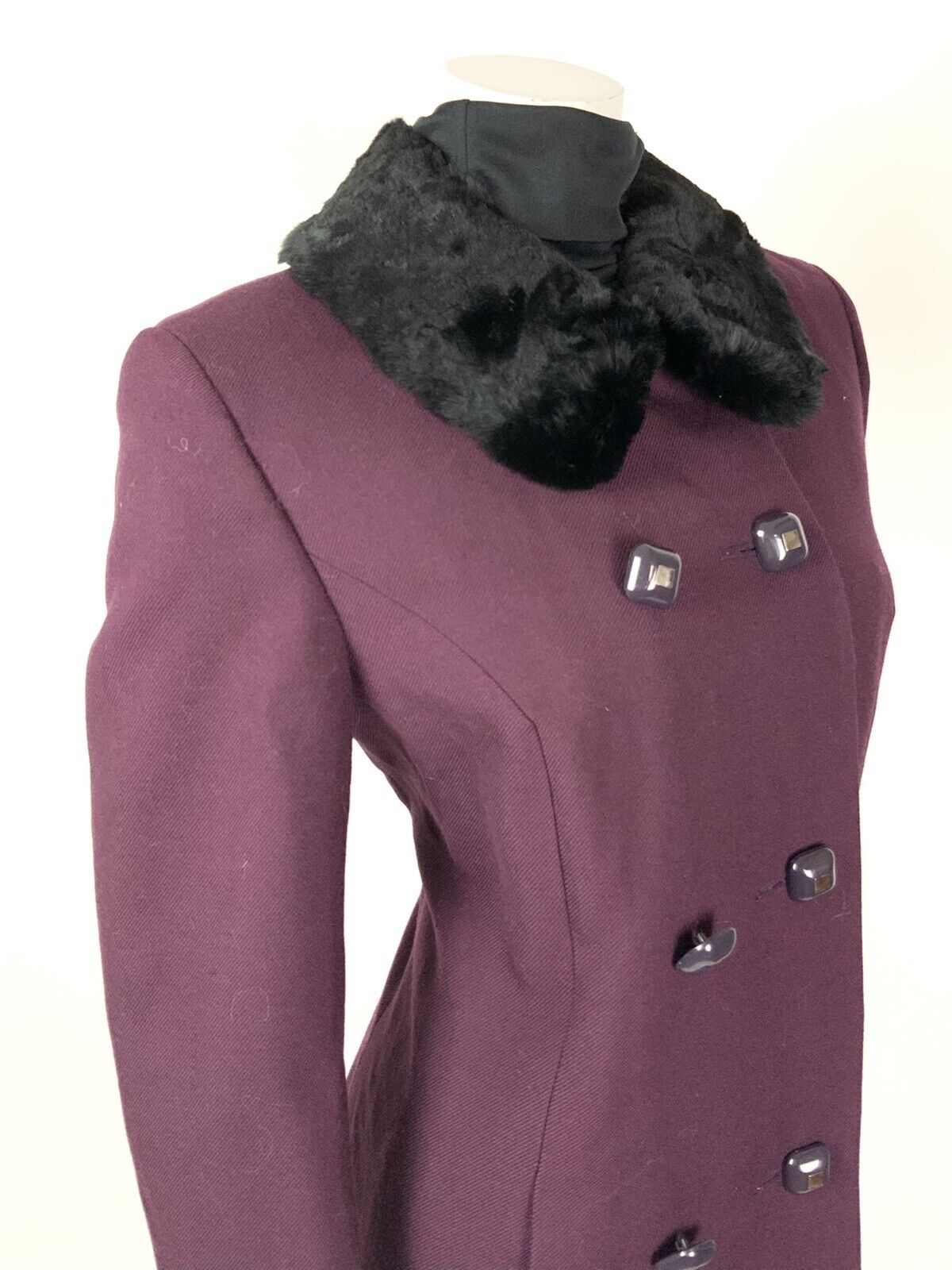 VTG 60s 70s PLUM PURPLE BLACK FUR TRIM PRINCESS MOD WOOL SHORT COAT 12 14