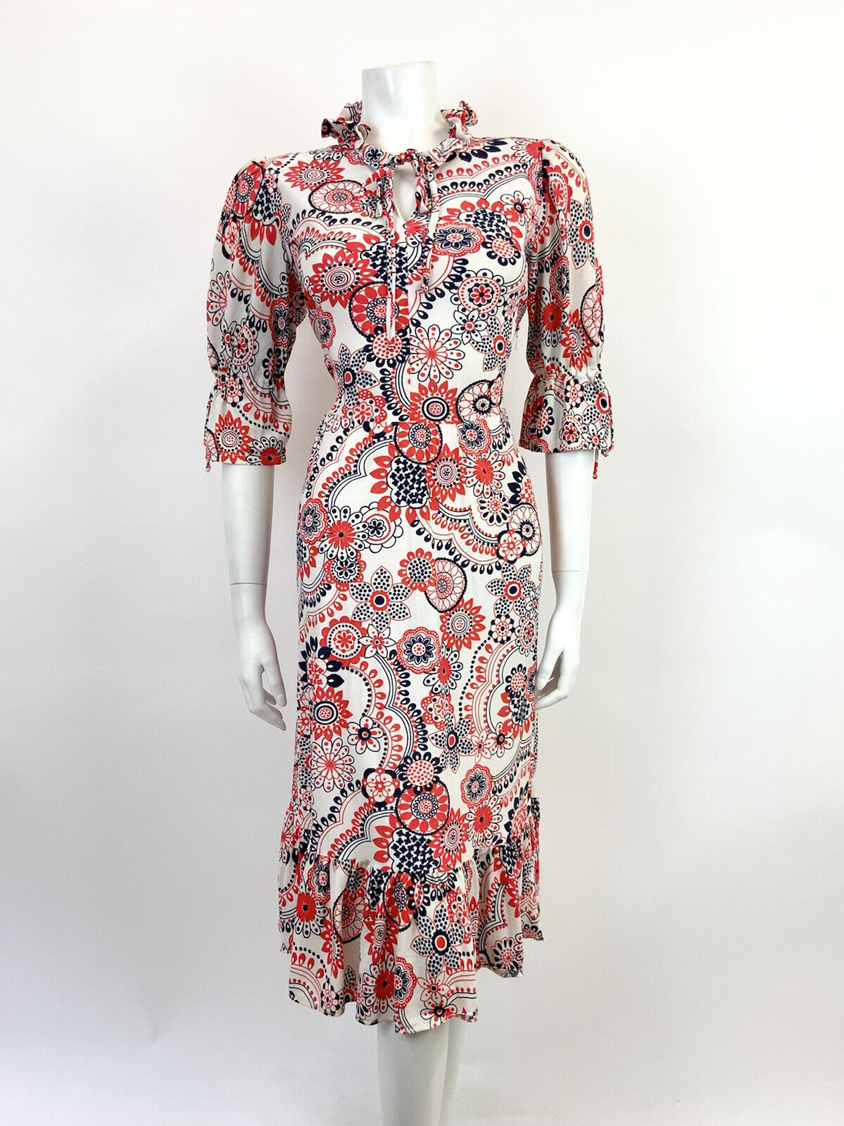 VINTAGE 60s 70s WHITE RED BLUE FLORAL MANDALA PSYCHEDELIC MOD RUFFLE DRESS 12 14