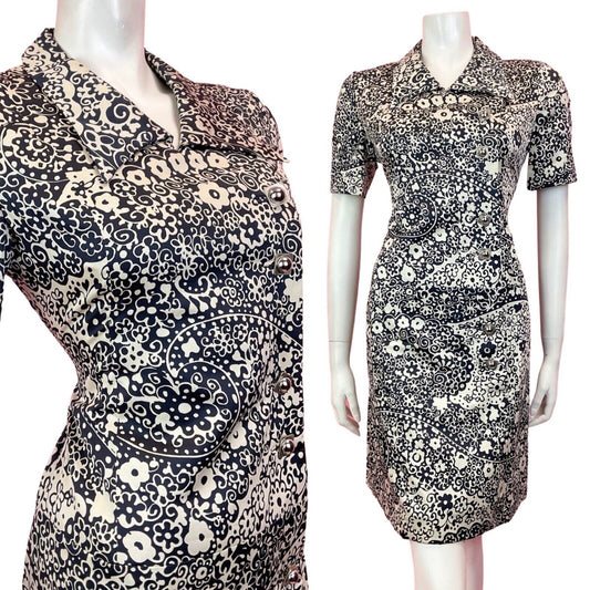 VINTAGE 60s 70s BLACK WHITE SILVER PSYCHEDELIC FLORAL MOD SHIRT DRESS 10 12