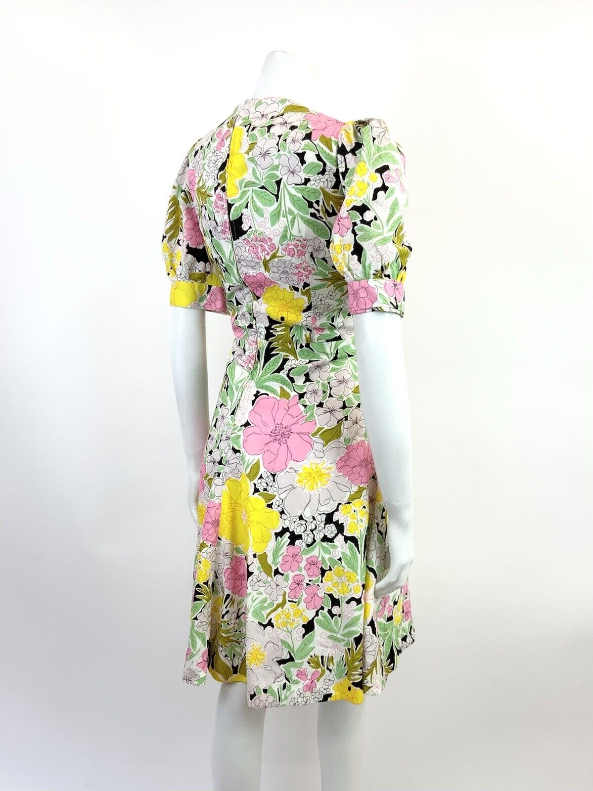 VINTAGE 60s 70s WHITE GREEN PINK BLACK FLORAL PUFF SLEEVE MOD SWING DRESS 10 12
