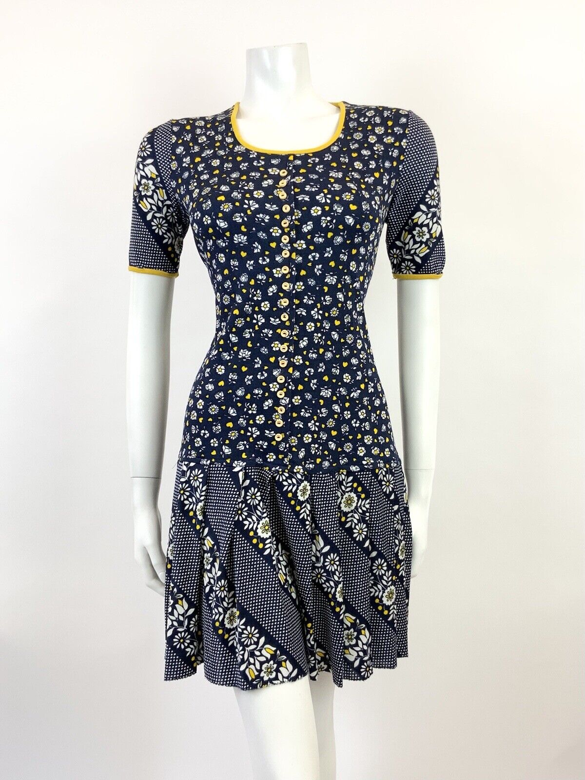 VINTAGE 60s 70s BLUE WHITE YELLOW FLORAL POLKA DOT LOVE HEART MOD DRESS 12