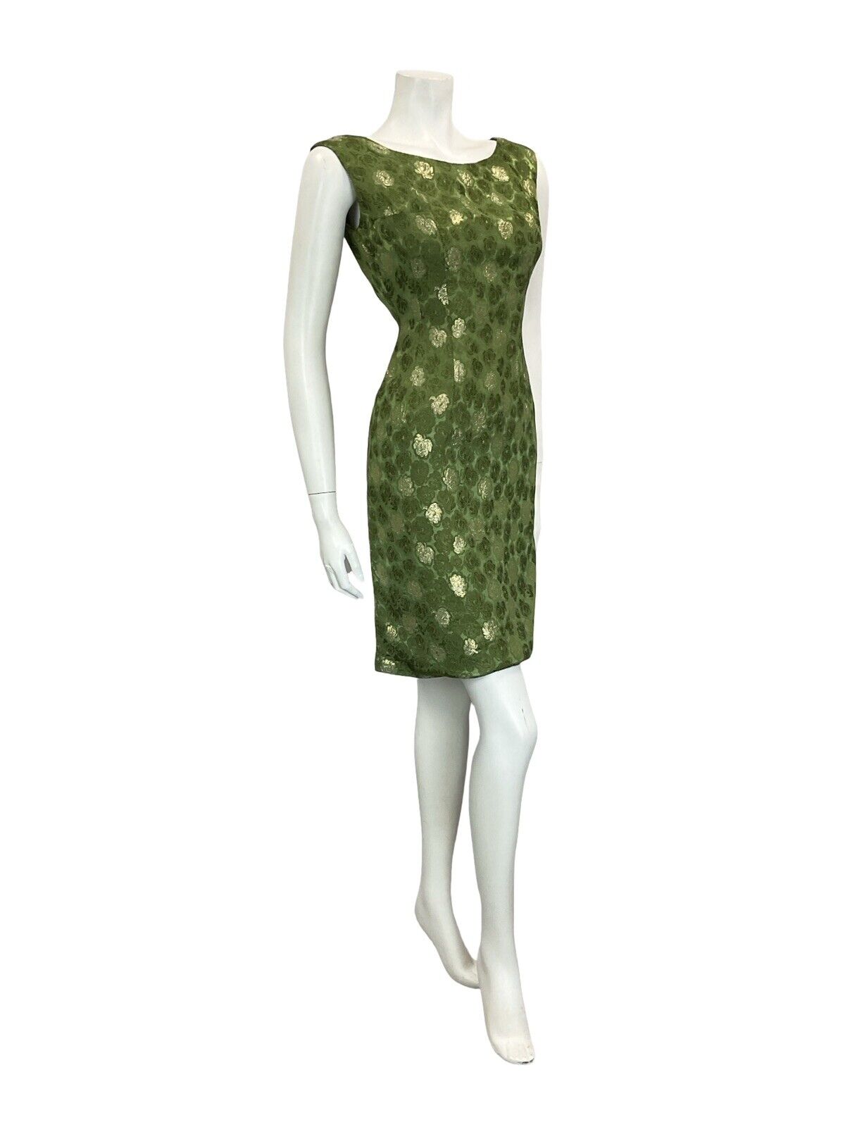 VTG 60S GREEN GOLD BROCADE BOAT NECK SLEEVELESS PARTY WIGGLE MIDI DRESS 8 10