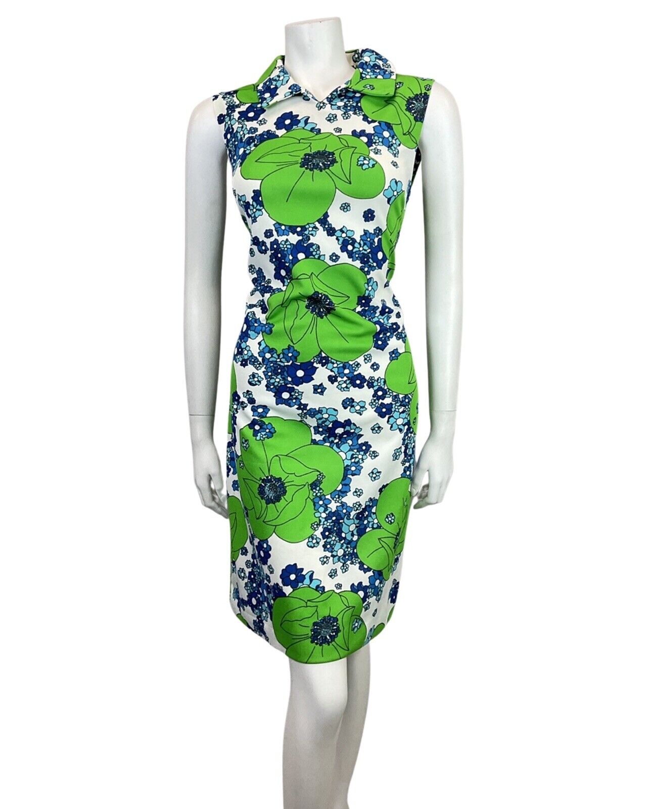 VINTAGE 60s 70s GREEN BLUE WHITE FLORAL MOD SUMMER SLEEVELESS DRESS 10
