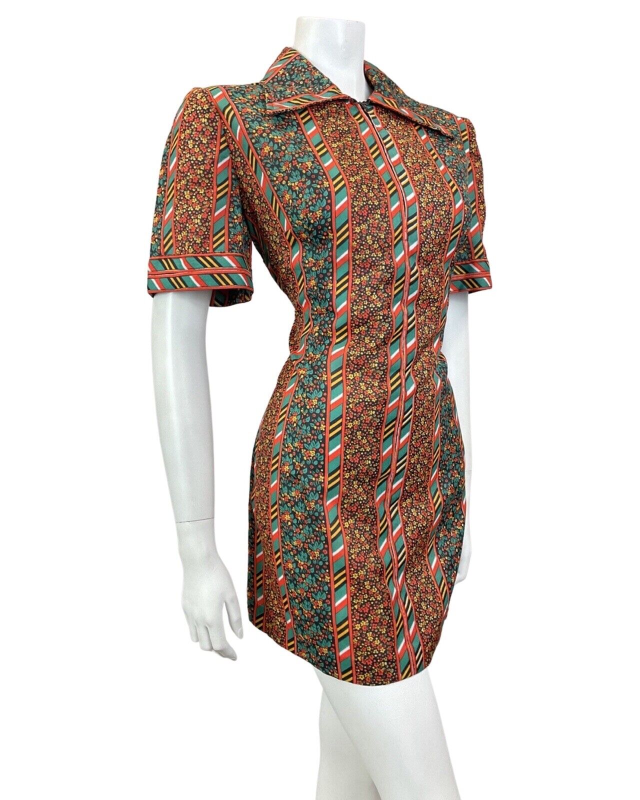 VINTAGE 60s 70s GREEN RED BLACK FLORAL DITSY STRIPED FOLK MOD SHIRT DRESS 12 14