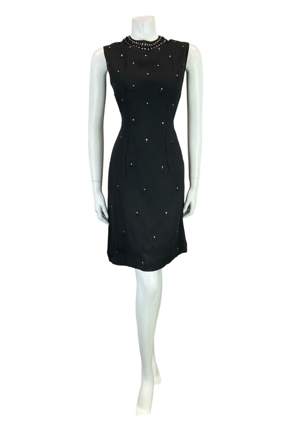 VTG 60S MOD BLACK DIAMANTE SLEEVELESS BEADED BLACK PARTY EVENING DRESS 12
