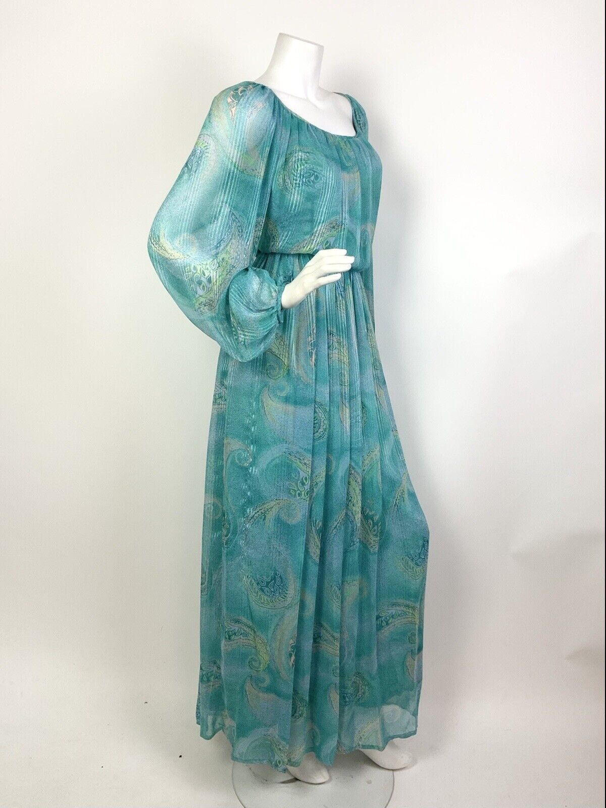 VINTAGE 60s 70s BLUE PEACH LILAC GREEN BOTEH PAISLEY SHEER BOHO MAXI DRESS 10 12